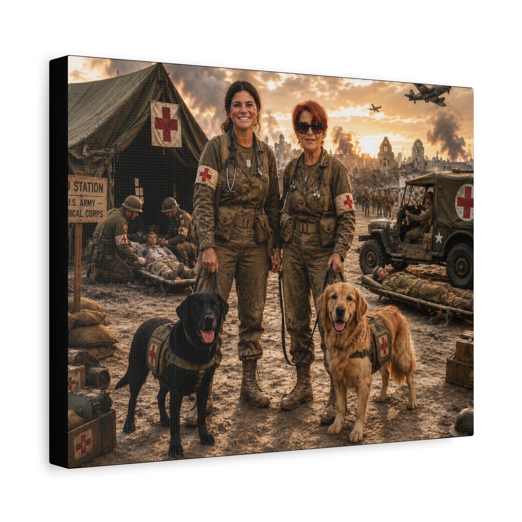 Military Women K9 Medics & Service Dogs Matte Canvas Print — Vintage Wartime Field Hospital Wall Art