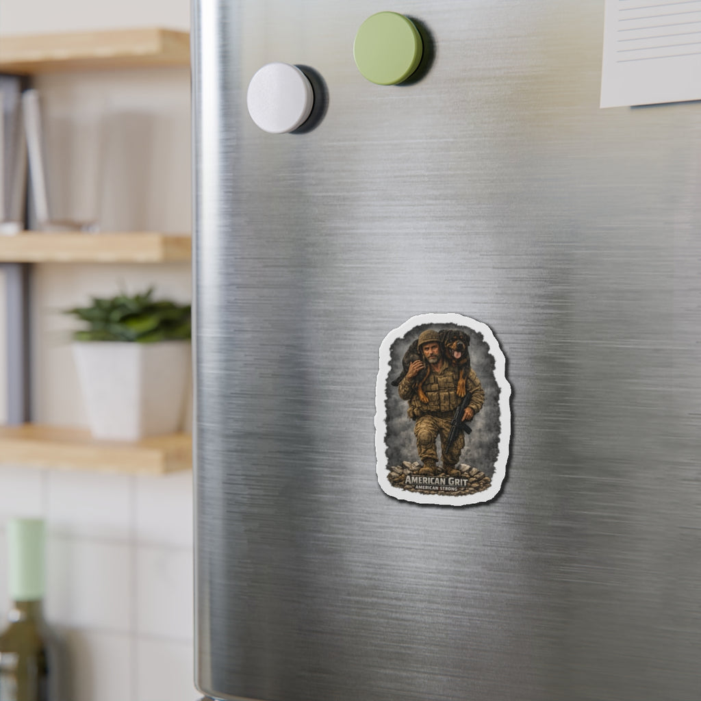 Die-Cut Magnet — "American Grit" Soldier Carrying Dog Military Tribute