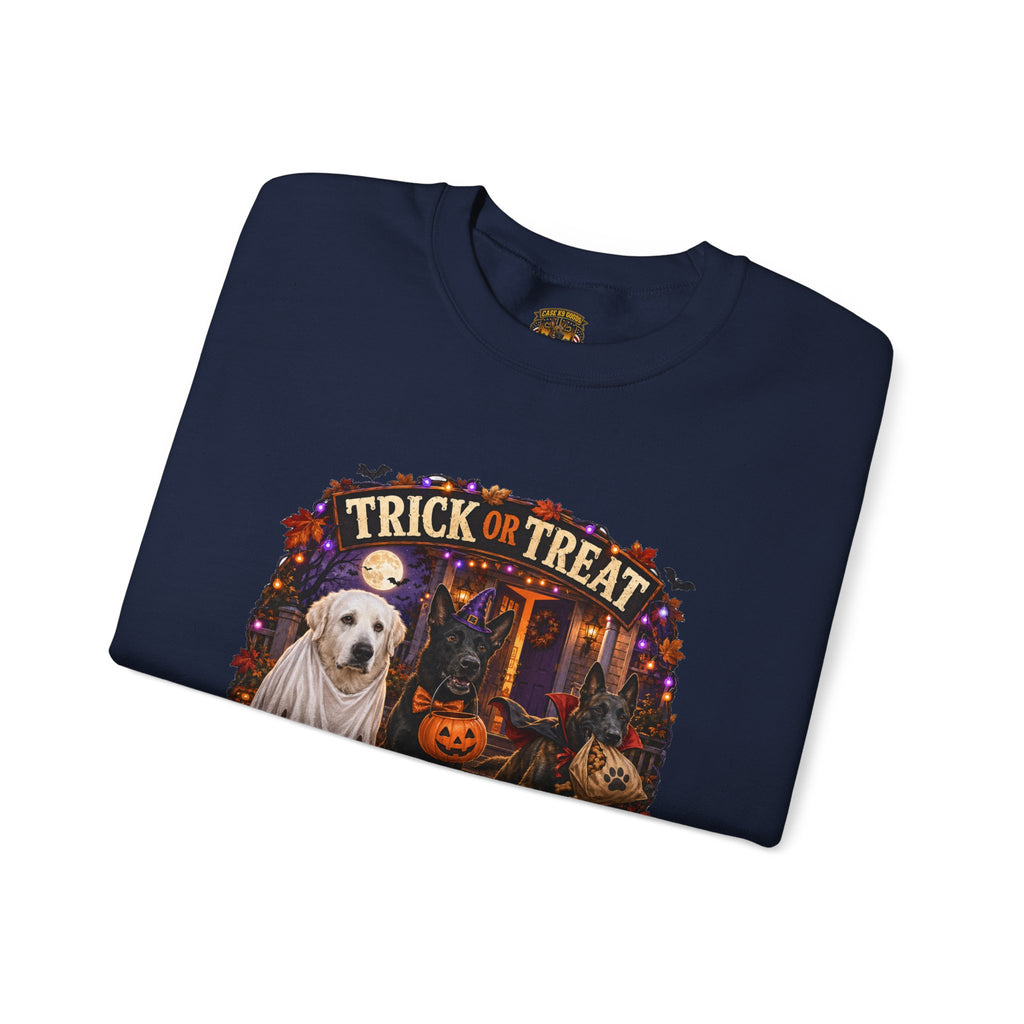 Halloween Crewneck Sweatshirt - "Trick or Treat, Blame the Dogs" Cute K-9 Dog Ghost Pumpkin Design