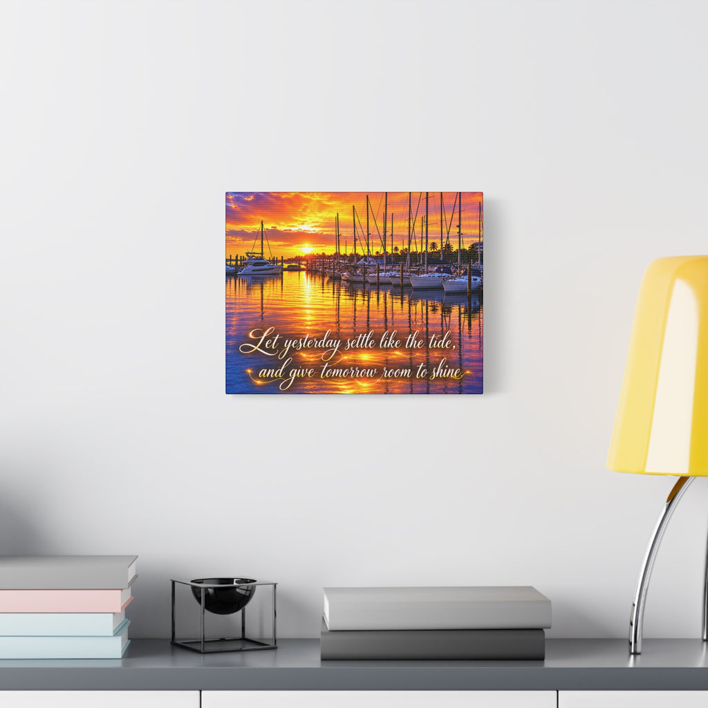 Sunset Marina Canvas Wall Art – “Let Yesterday Settle Like the Tide” Inspirational Coastal Decor