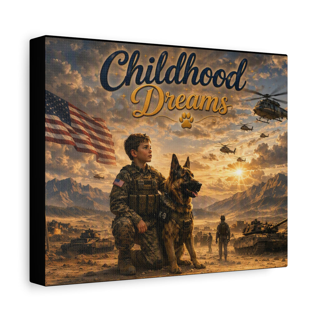 Childhood Dreams Military Canvas Wall Art — Kid Soldier & K9 Patriotic Stretched Matte Canvas