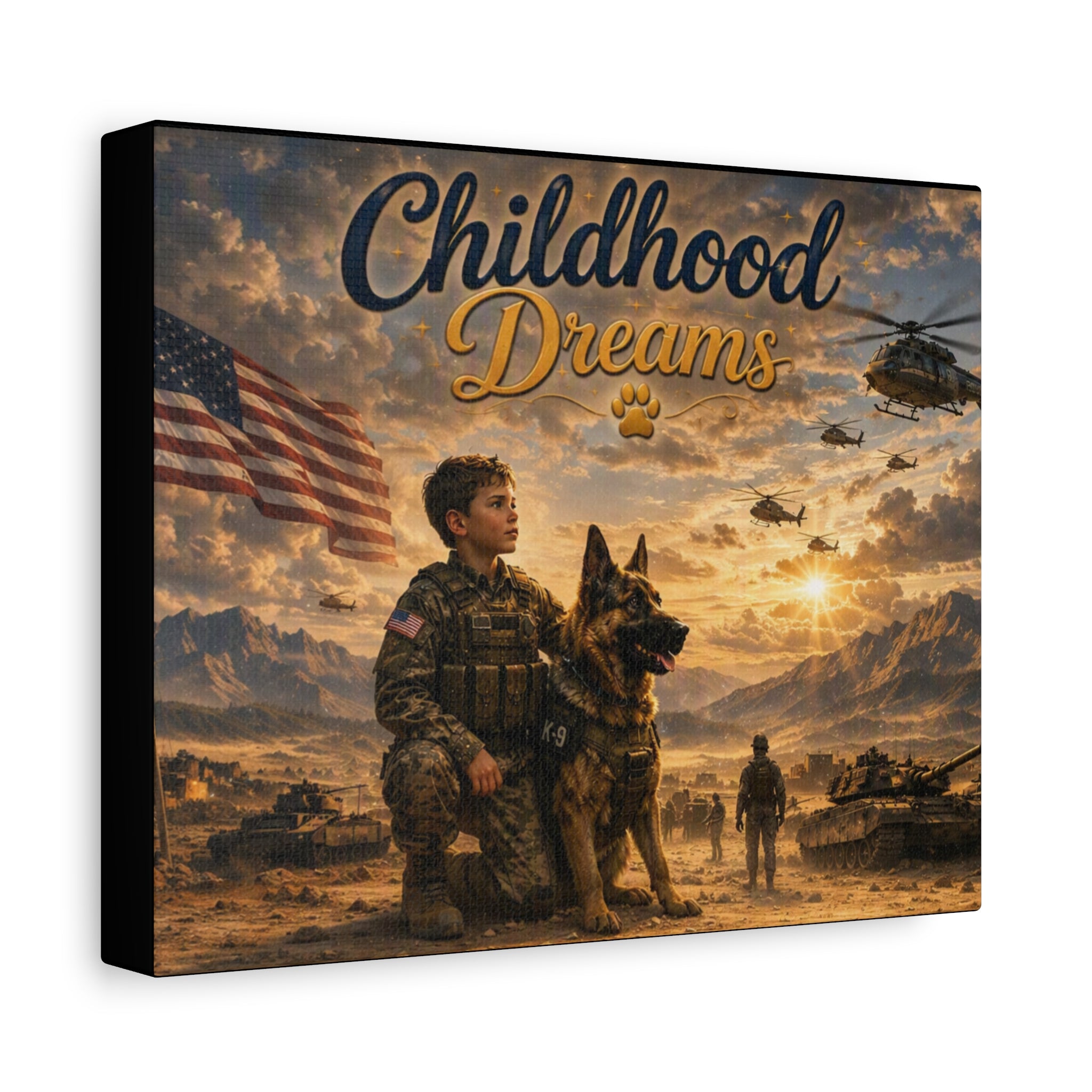 Childhood Dreams Military Canvas Wall Art — Kid Soldier & K9 Patriotic Stretched Matte Canvas