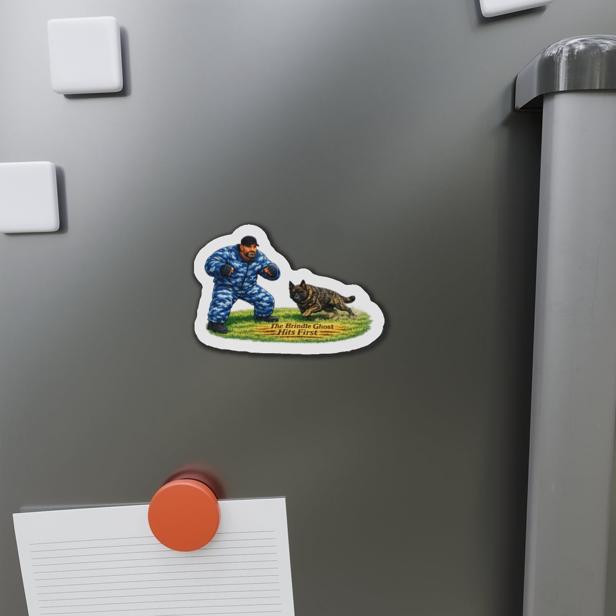Die-Cut Magnet – 'The Brindle Ghost Hits First' K9 Trainer Design