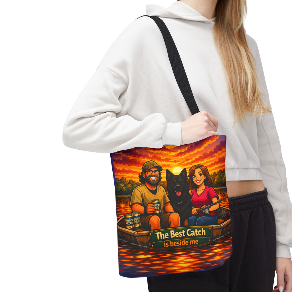 Tote Bag — "The Best Catch Is Beside Me" Fishing Couple & Dog Sunset Tote