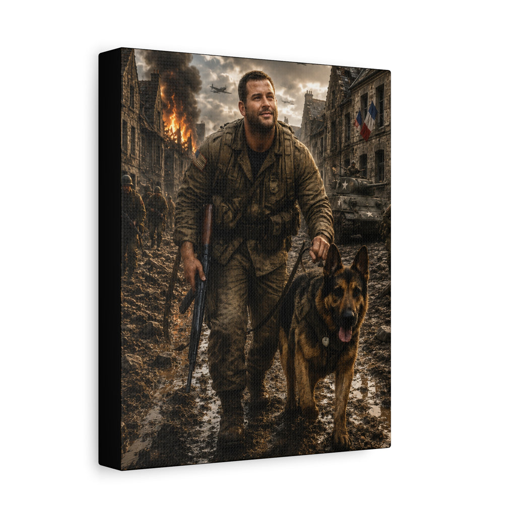 War Hero Canvas Print — Soldier with Military Dog Matte Stretched Wall Art