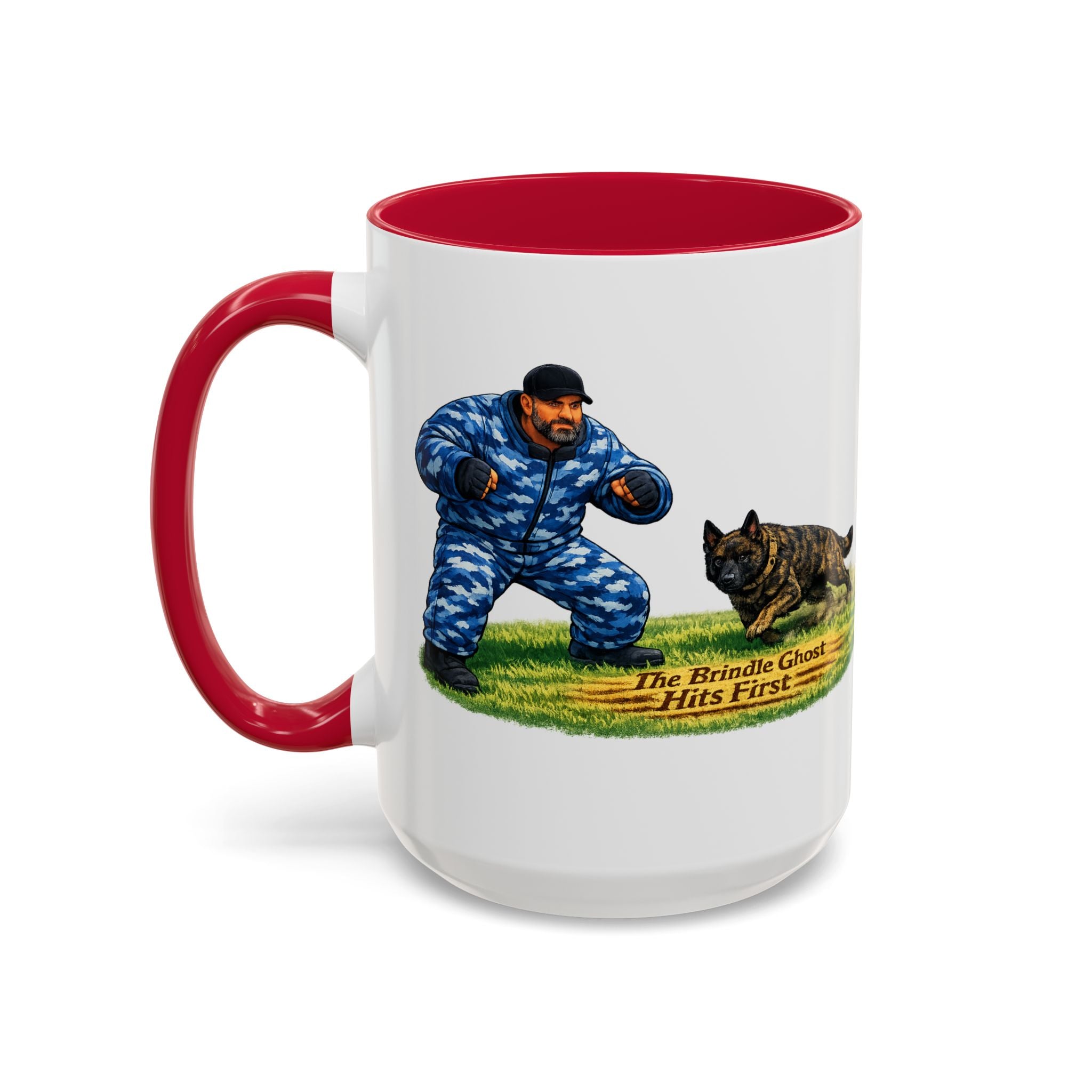 K9 Protection Trainer Mug — “The Brindle Ghost Hits First” Color Accent Coffee Cup (11oz/15oz)