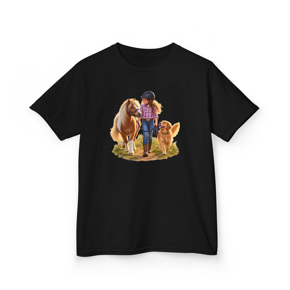 Kids Tee — Little Rider with Pony & Dog Illustration