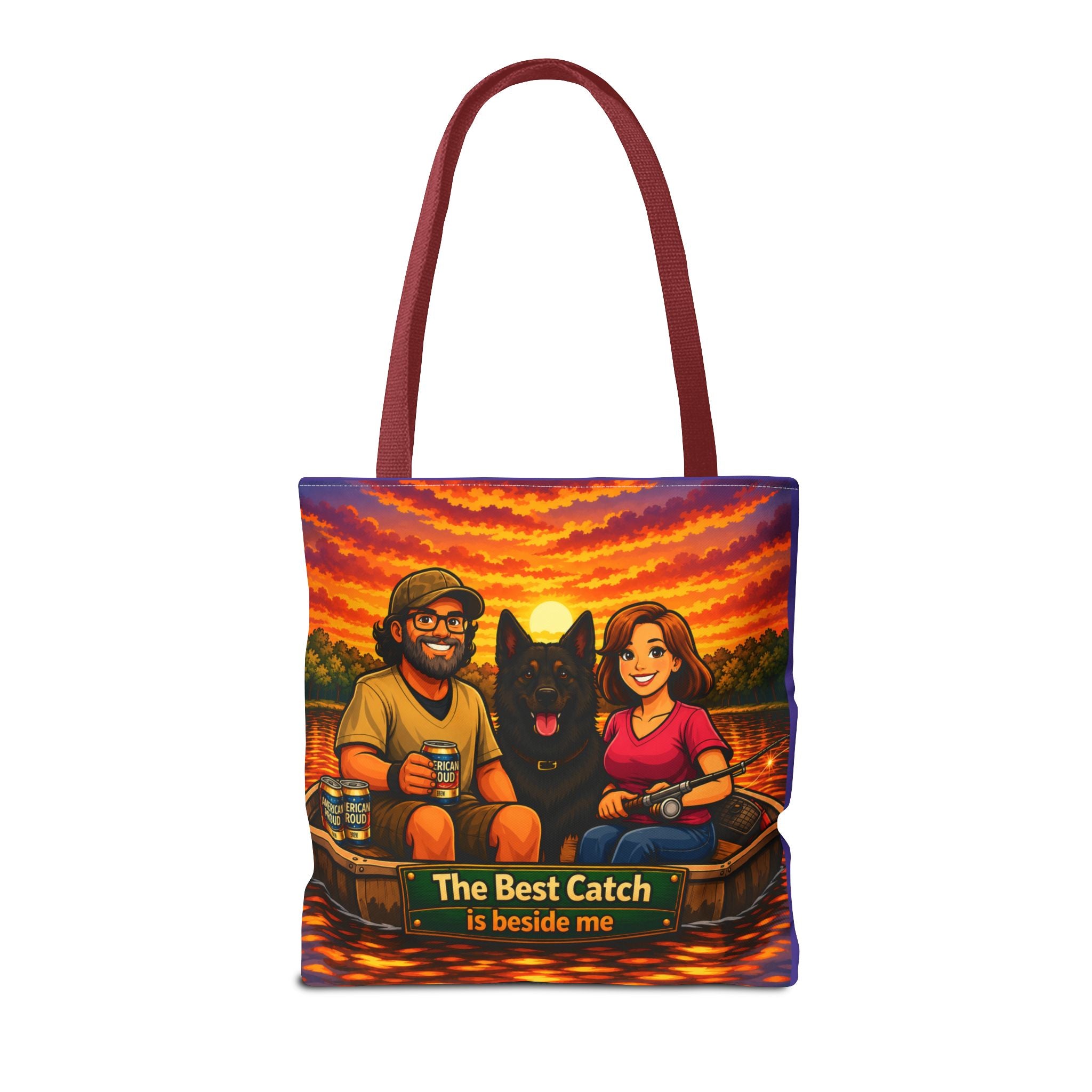 Tote Bag — "The Best Catch Is Beside Me" Fishing Couple & Dog Sunset Tote