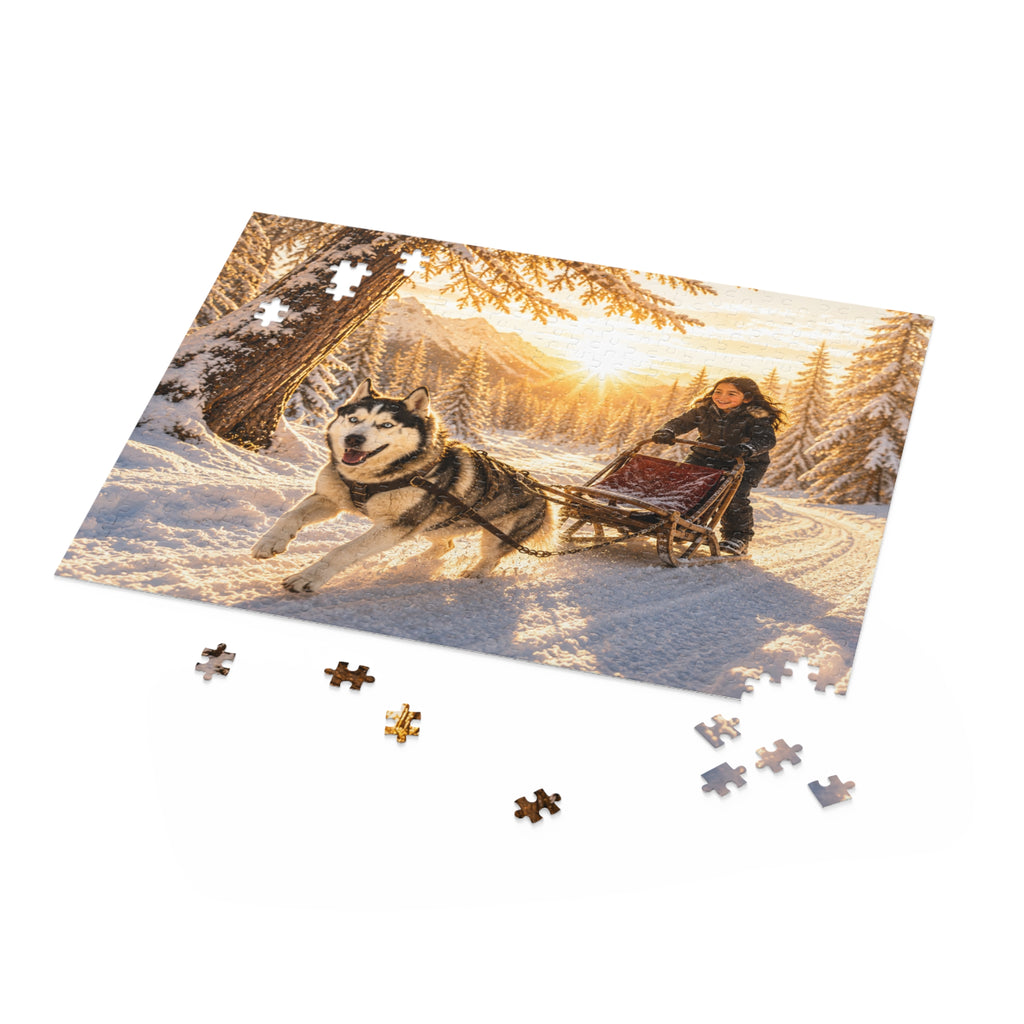 Winter Sled Dog Puzzle – Scenic Husky Sledding Jigsaw (120–500 pcs)