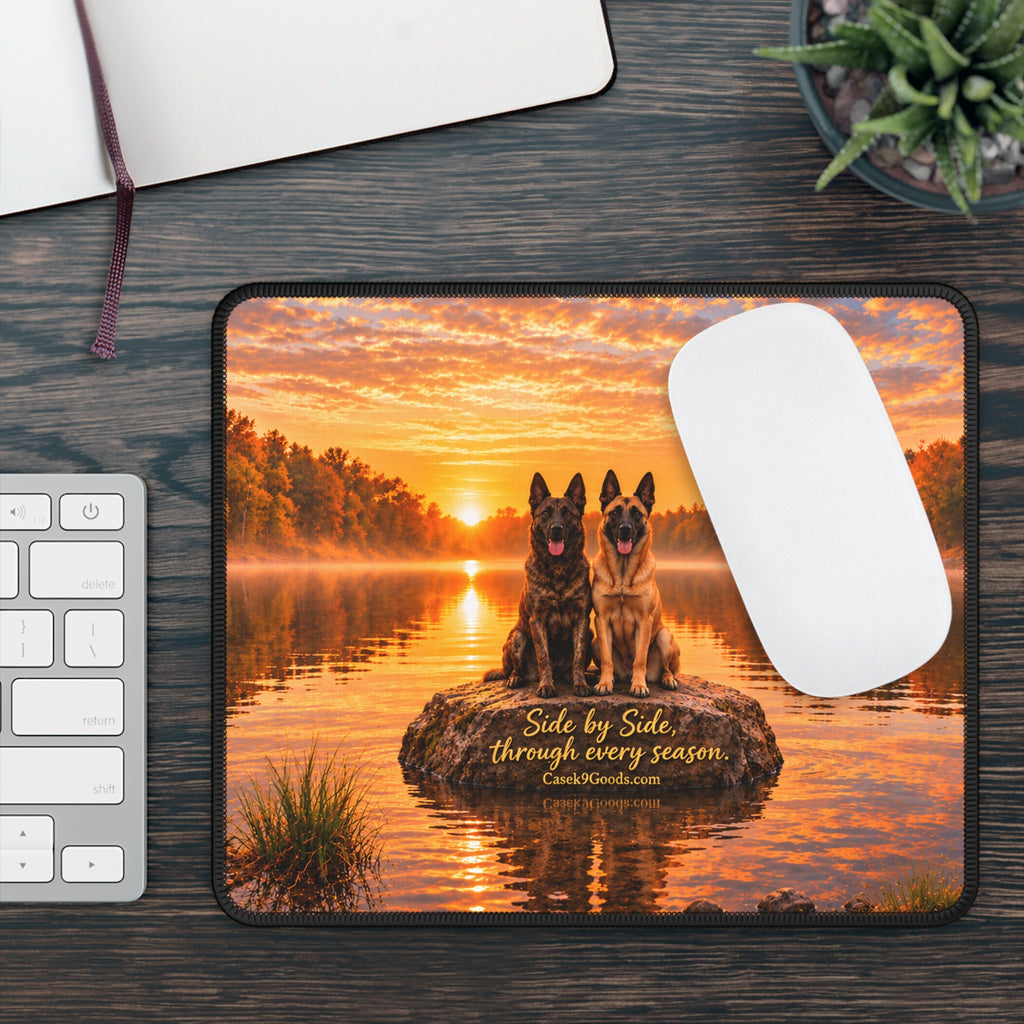 Dutch Shepherd Belgium Malinois Gaming Mouse Pad — "Side by Side Through Every Season" Sunset Design