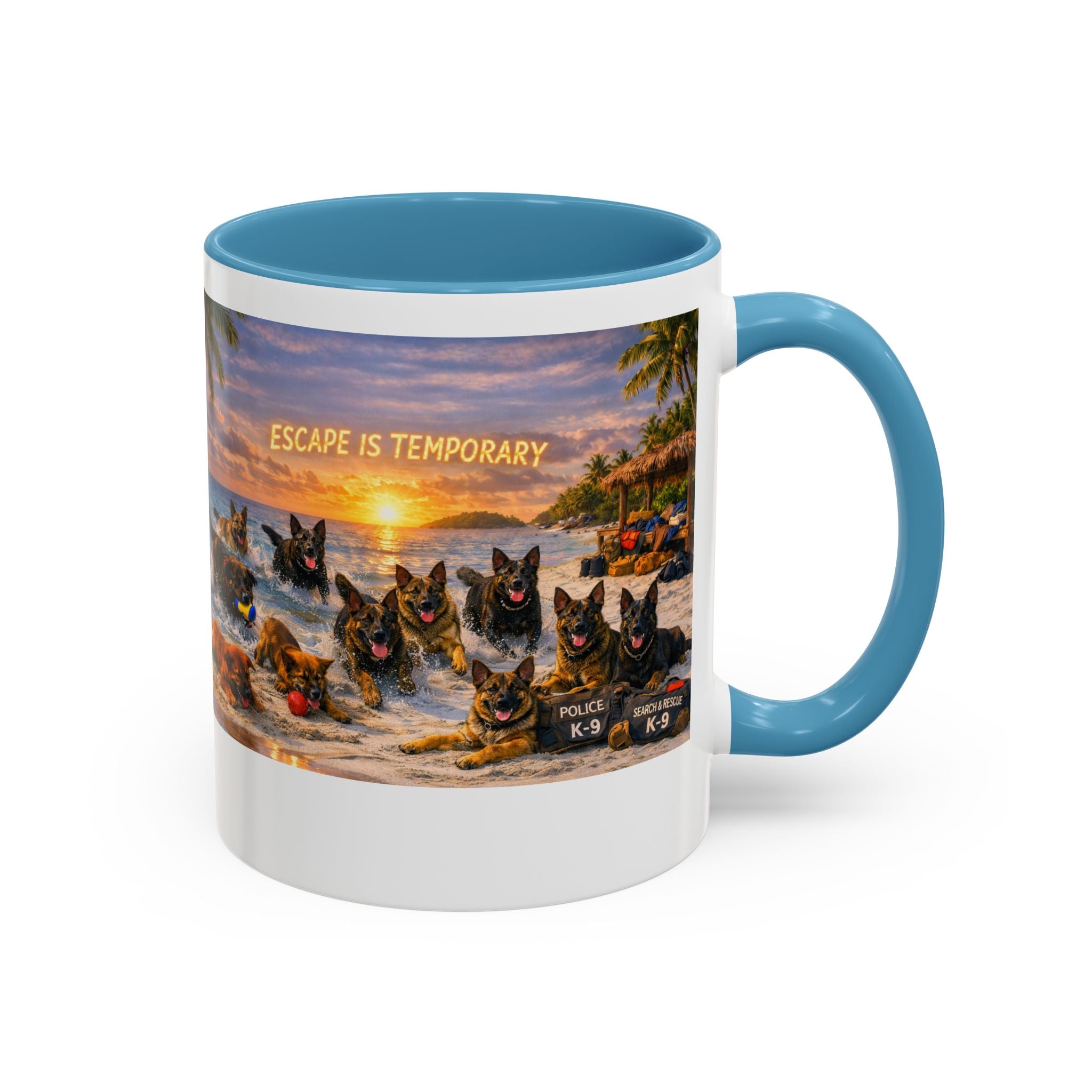 Dutch Shepherd Beach Coffee Mug — "Escape Is Temporary" Accent Mug (11/15oz)
