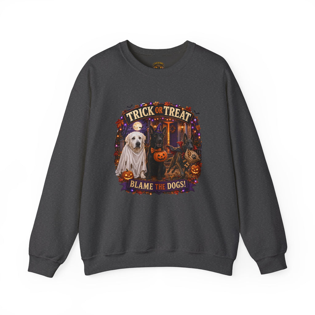 Halloween Crewneck Sweatshirt - "Trick or Treat, Blame the Dogs" Cute K-9 Dog Ghost Pumpkin Design