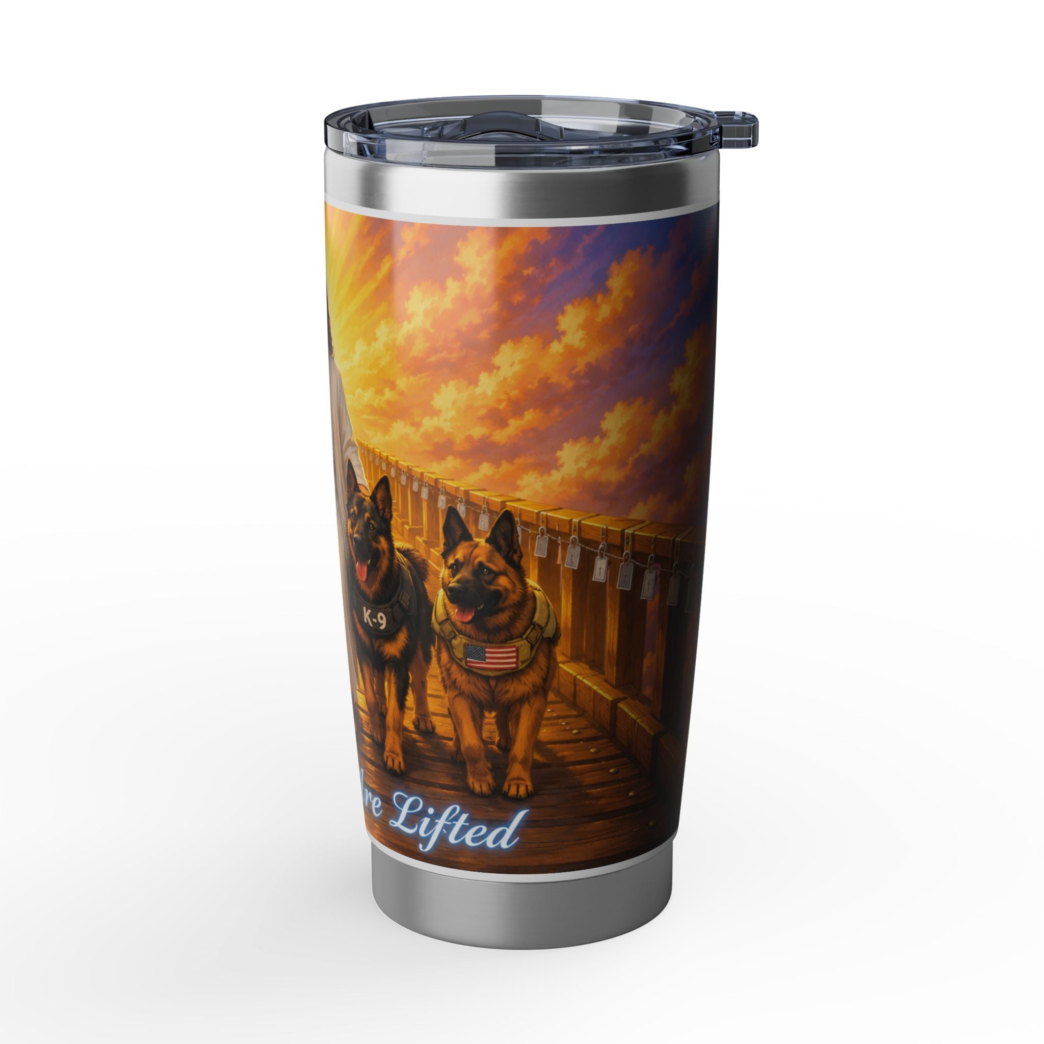 Christian Guardian Dog Tumbler — "Fallen Are Loved" 20oz Travel Mug