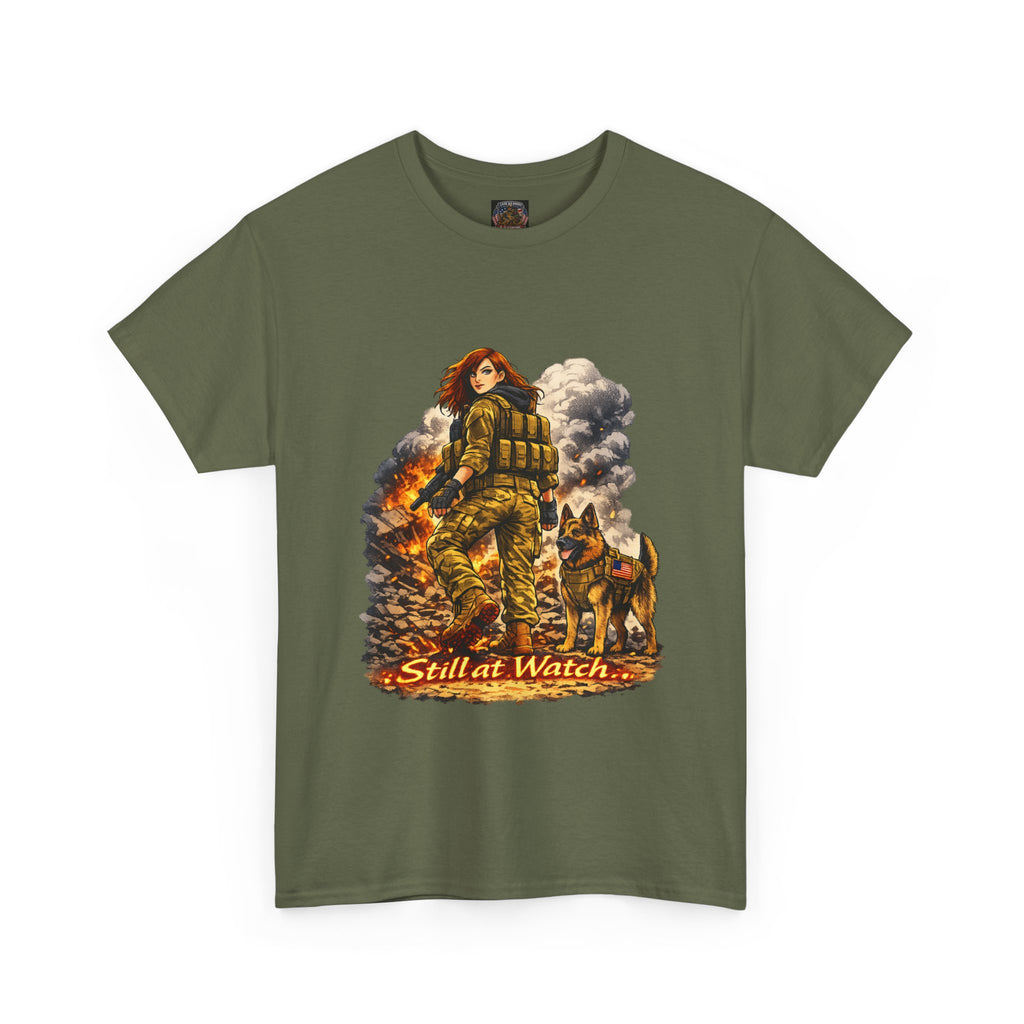 T-Shirt — "Still at Watch" Military Woman & K9 Fire Scene Graphic Tee