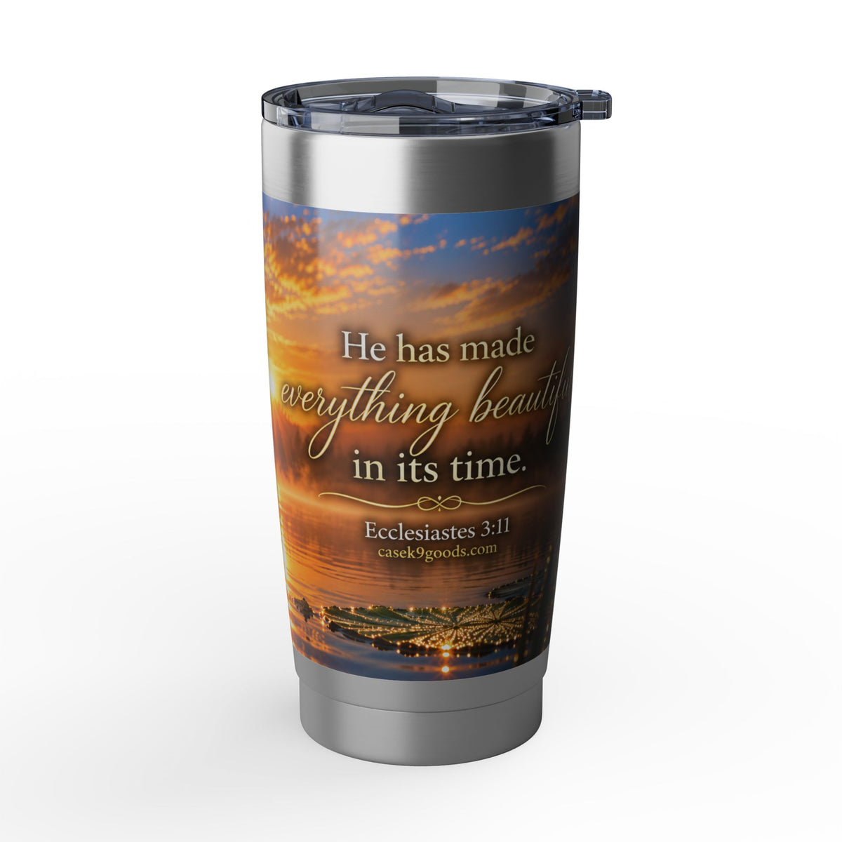 Dragonfly Scripture Sunset Lakeside 20oz Tumbler — Inspirational Bible Scripture Travel Mug