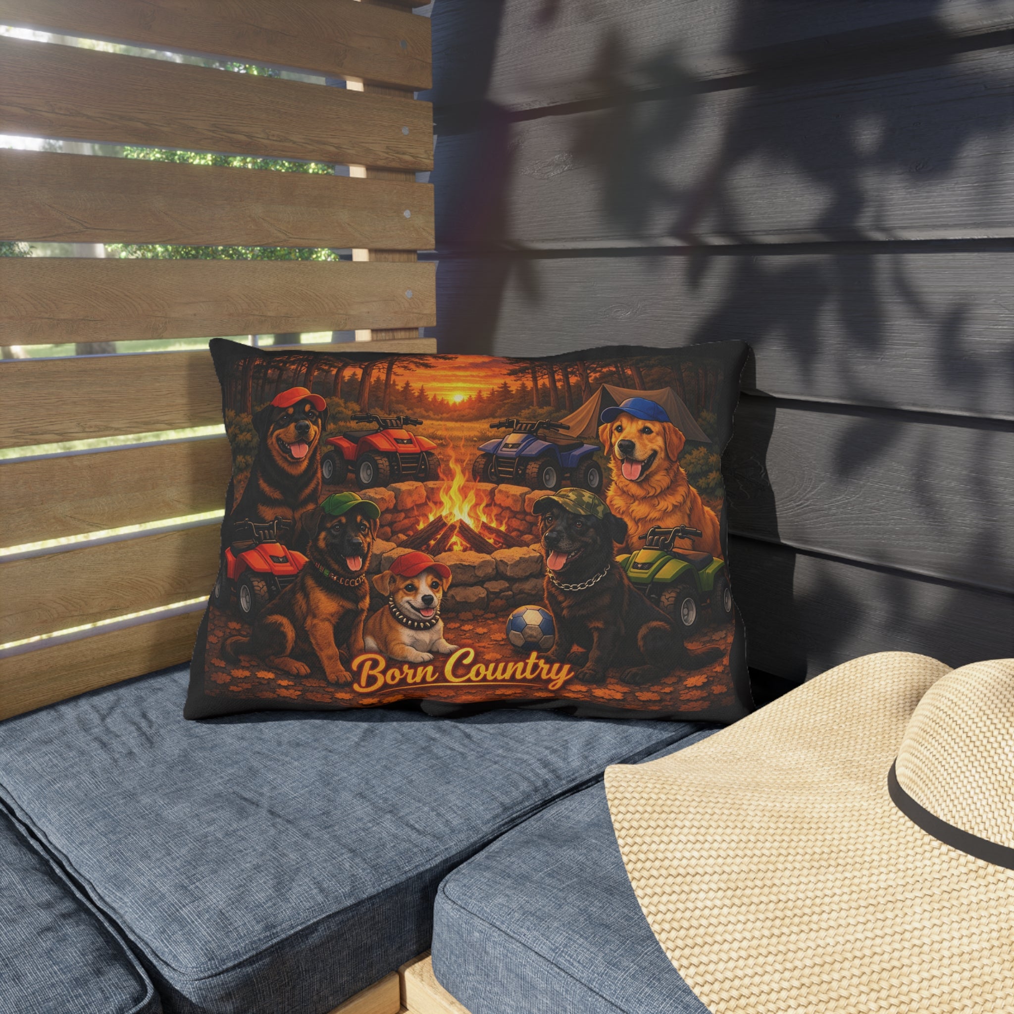 Born Country Camping Dogs Outdoor Pillow — Campfire ATV Canine Throw