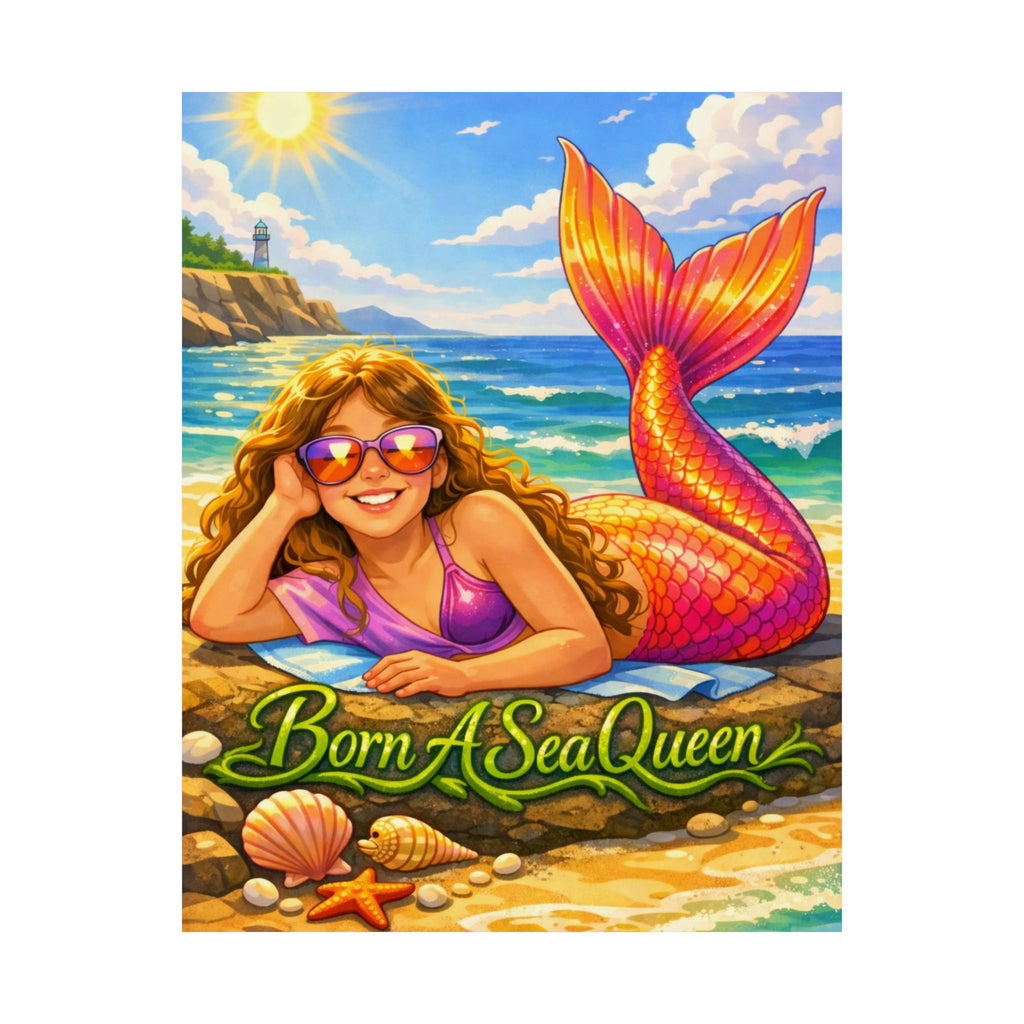 Born A Sea Queen Satin Poster — Colorful Mermaid Beach Art Print