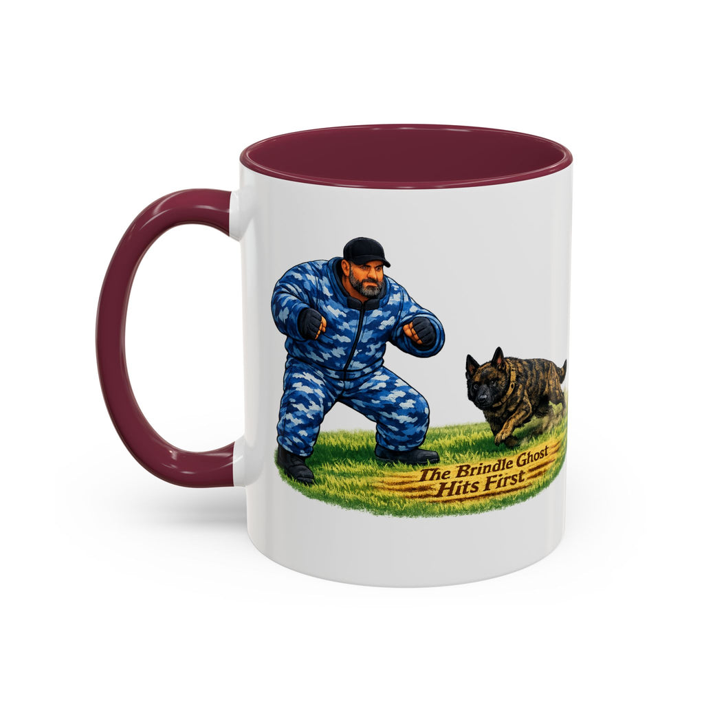 K9 Protection Trainer Mug — “The Brindle Ghost Hits First” Color Accent Coffee Cup (11oz/15oz)