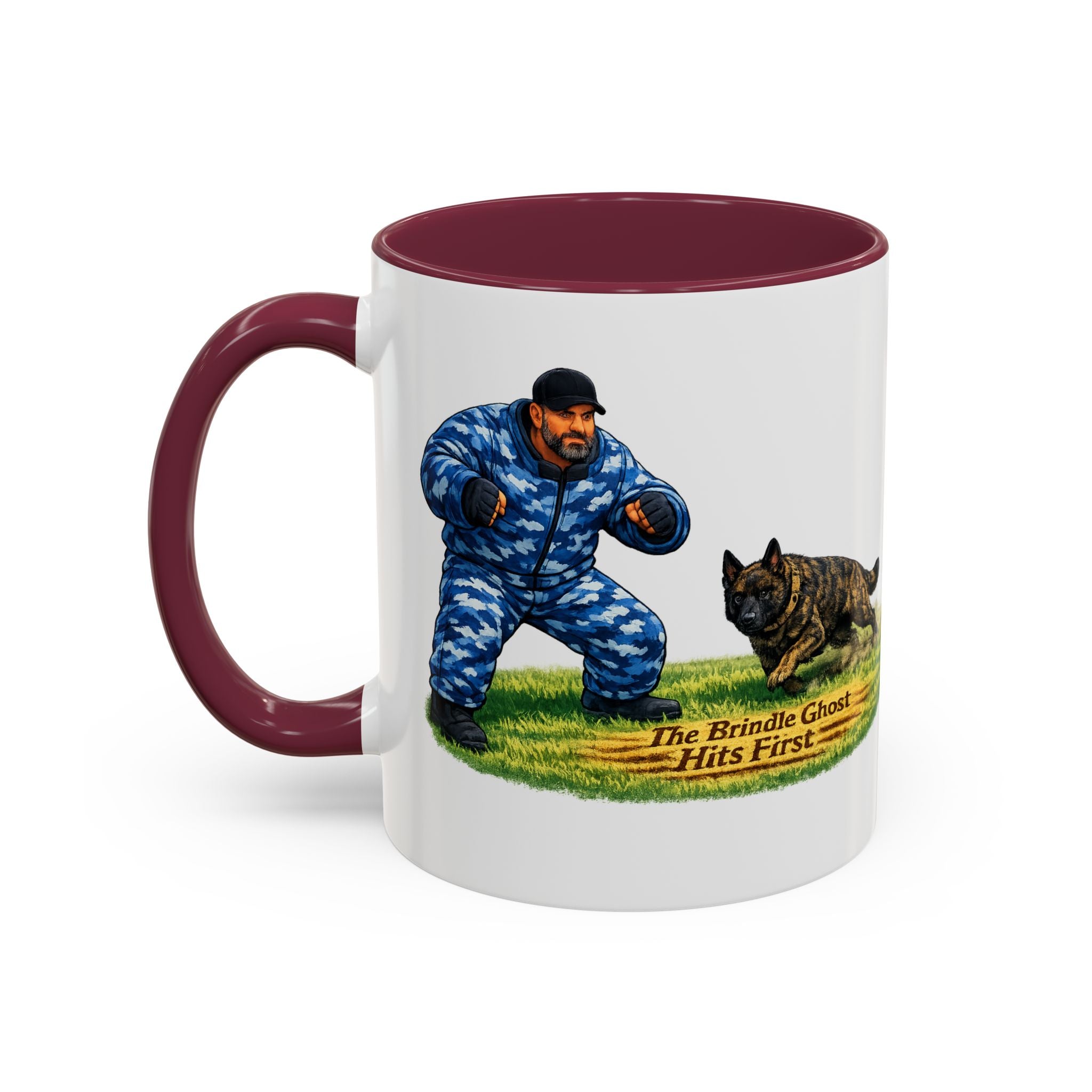K9 Protection Trainer Mug — “The Brindle Ghost Hits First” Color Accent Coffee Cup (11oz/15oz)