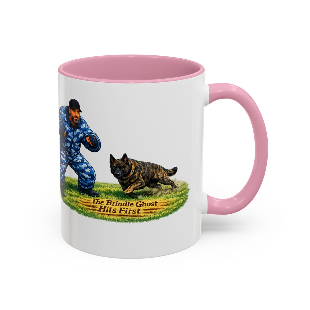 K9 Protection Trainer Mug — “The Brindle Ghost Hits First” Color Accent Coffee Cup (11oz/15oz)