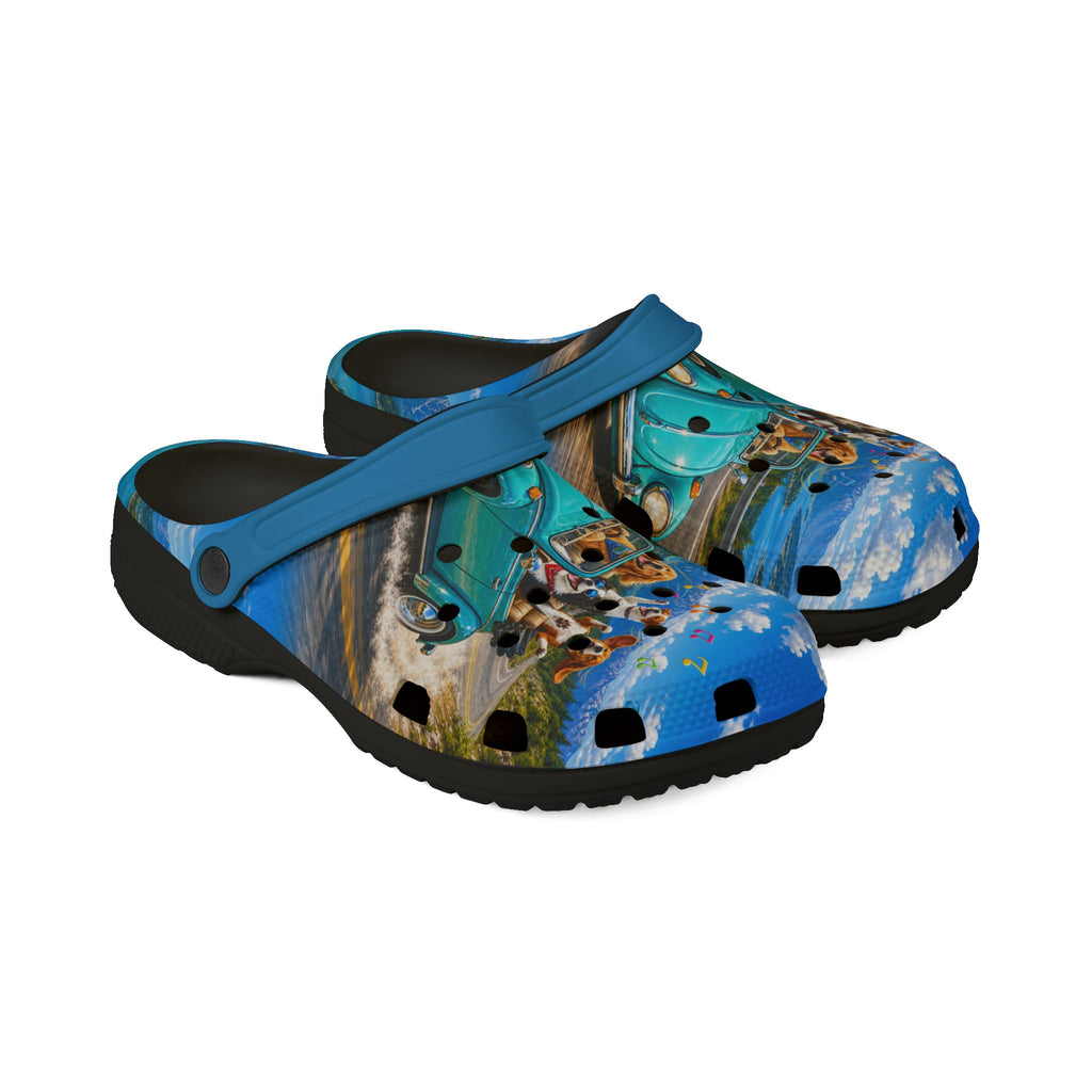 Dogs Beach Road Trip Print Clogs — EVA Foam Slip-On Shoes