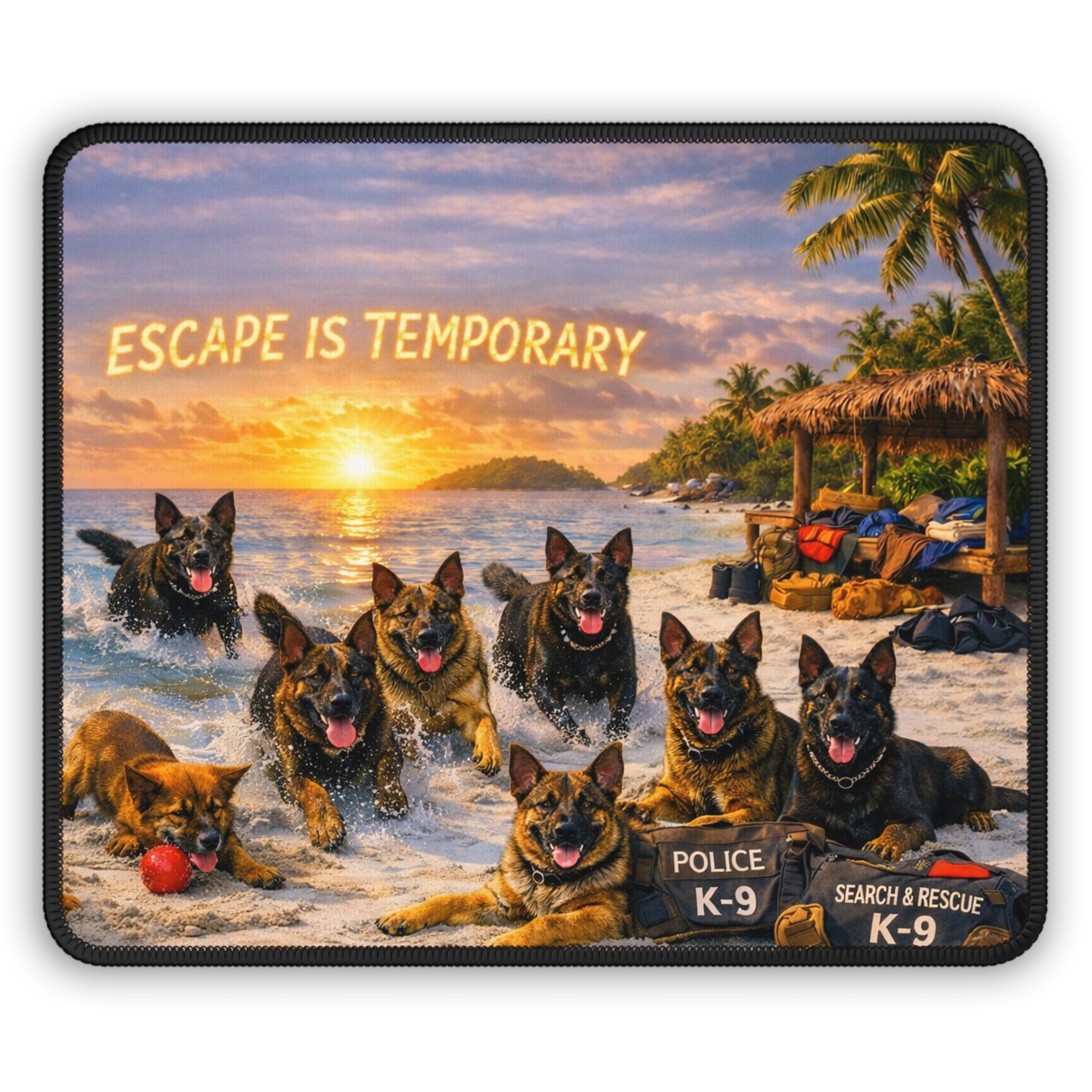 Police K-9 'Escape Is Temporary' Gaming Mouse Pad — Search & Rescue Dutch Shepherds Sunset