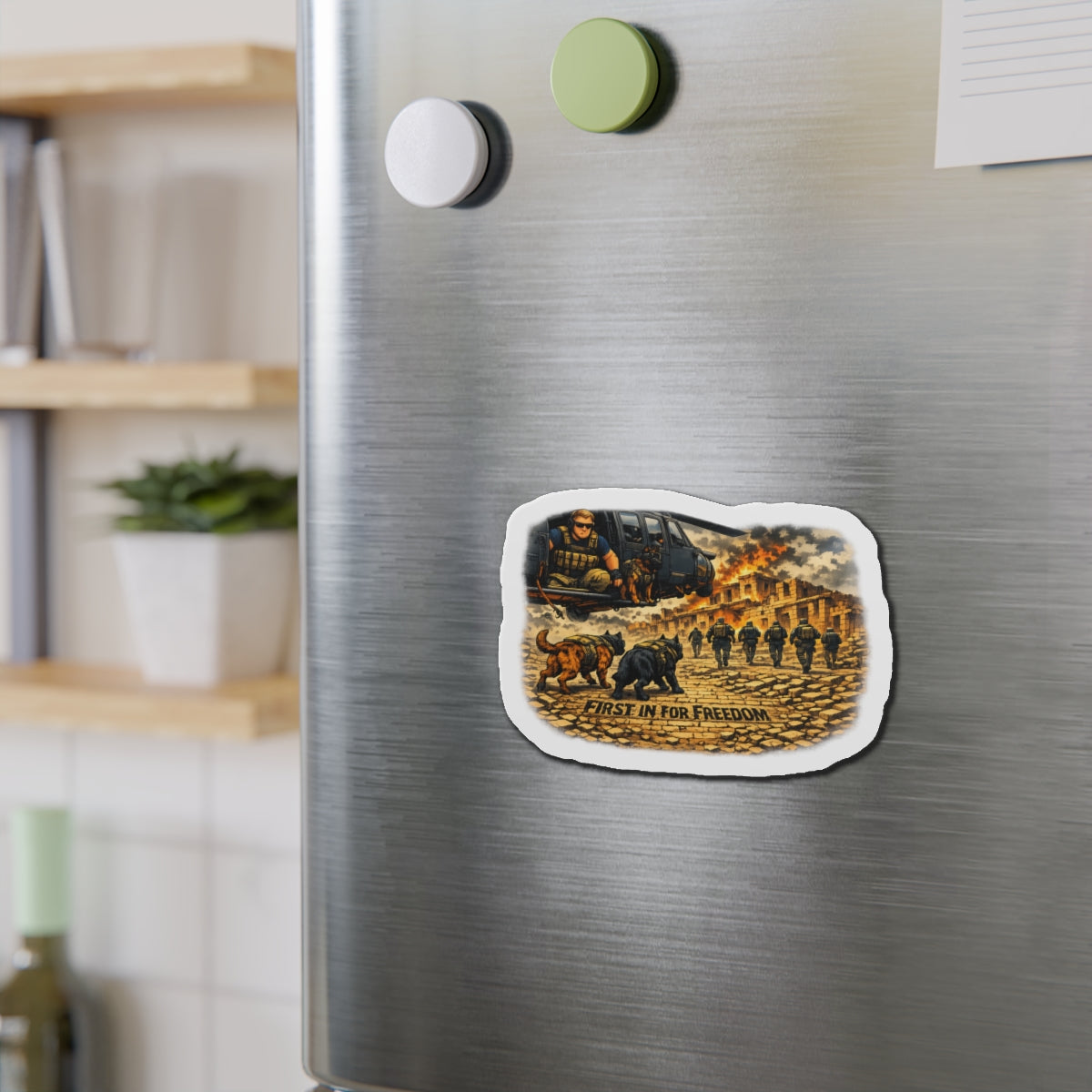 Die-Cut Magnet — "First In For Freedom" Military K9 & Soldier Scene