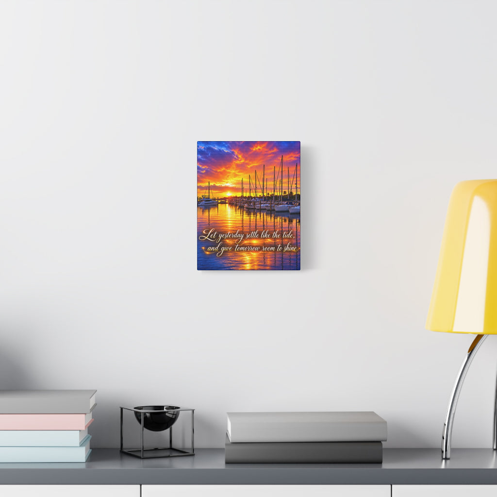 Sunset Marina Canvas Wall Art – “Let Yesterday Settle Like the Tide” Inspirational Coastal Decor