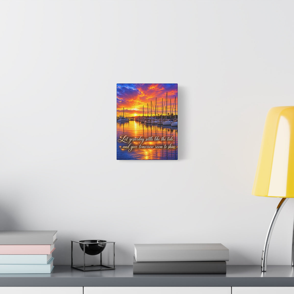 Sunset Marina Canvas Wall Art – “Let Yesterday Settle Like the Tide” Inspirational Coastal Decor