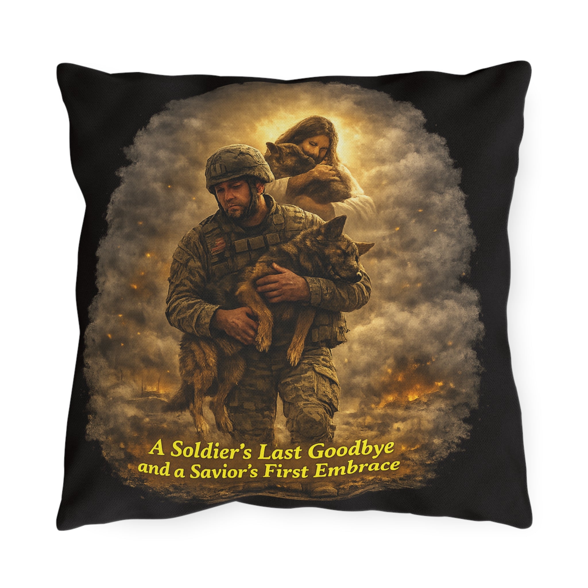 Outdoor Pillow – 'A Soldier's Last Goodbye and a Savior's First Embrace' Memorial Decorative Pillow