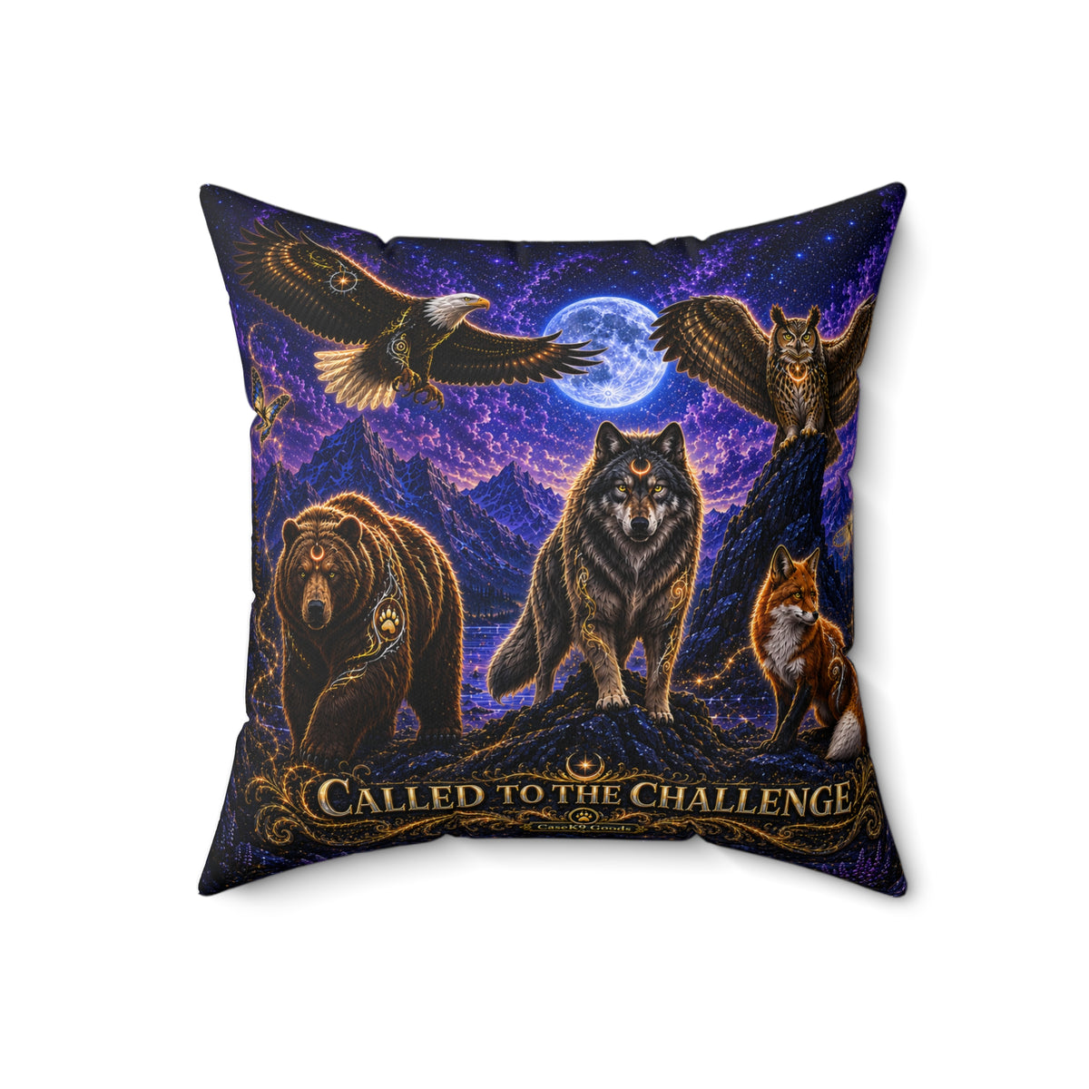 Called to the Challenge Wildlife Moon Pillow — Wolf, Bear & Owl Nature Throw Pillow
