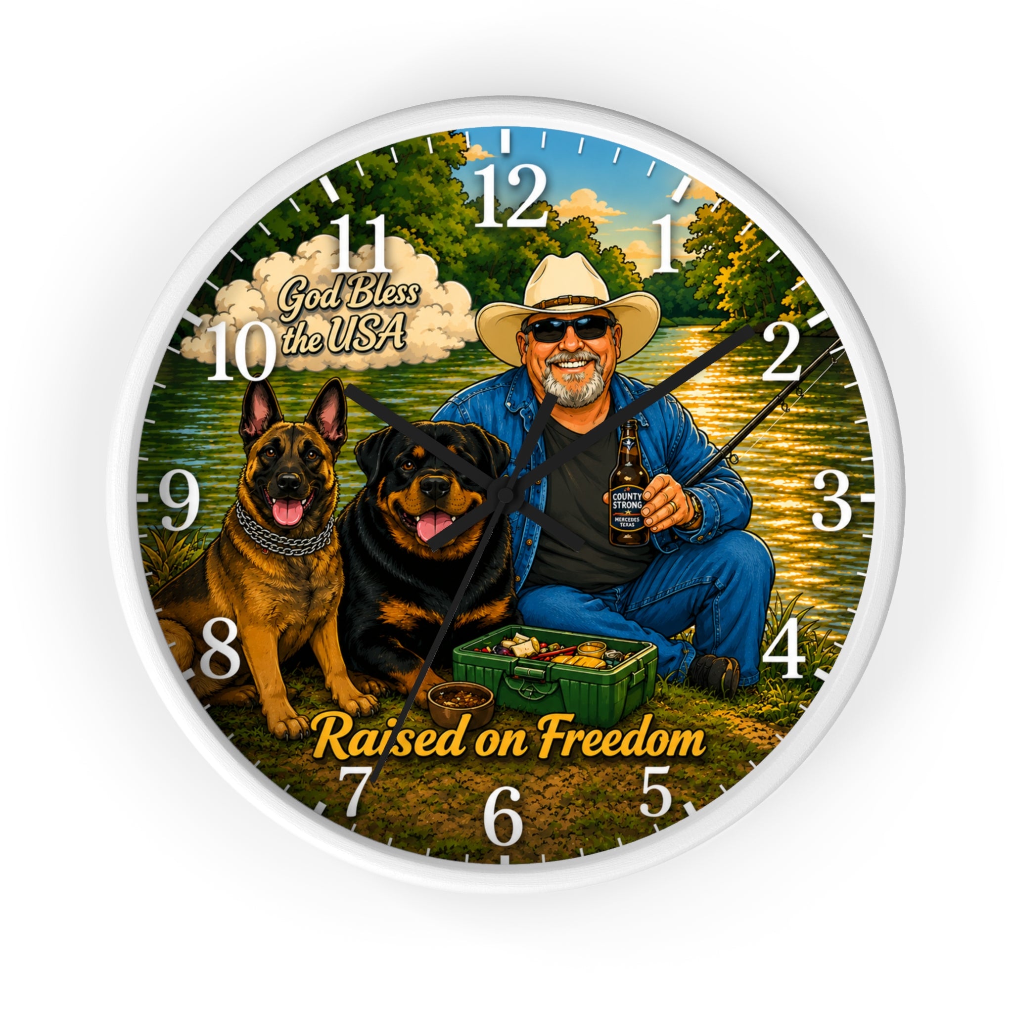 Raised on Freedom Wall Clock — 'God Bless the USA' Patriotic Fishing Clock with Dogs