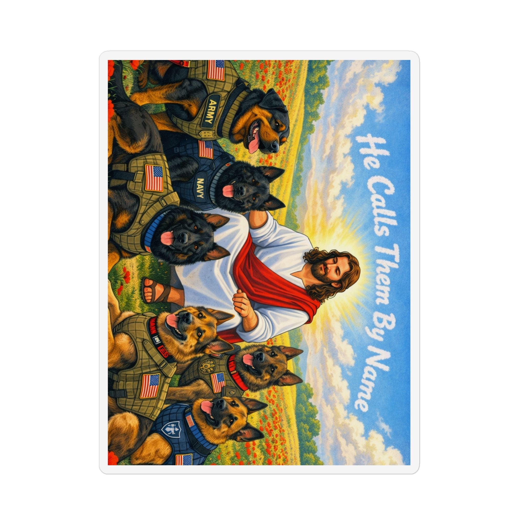 Christian K9 Rescue Magnet — "He Calls Them By Name" Dog & Jesus Custom Shape Magnet