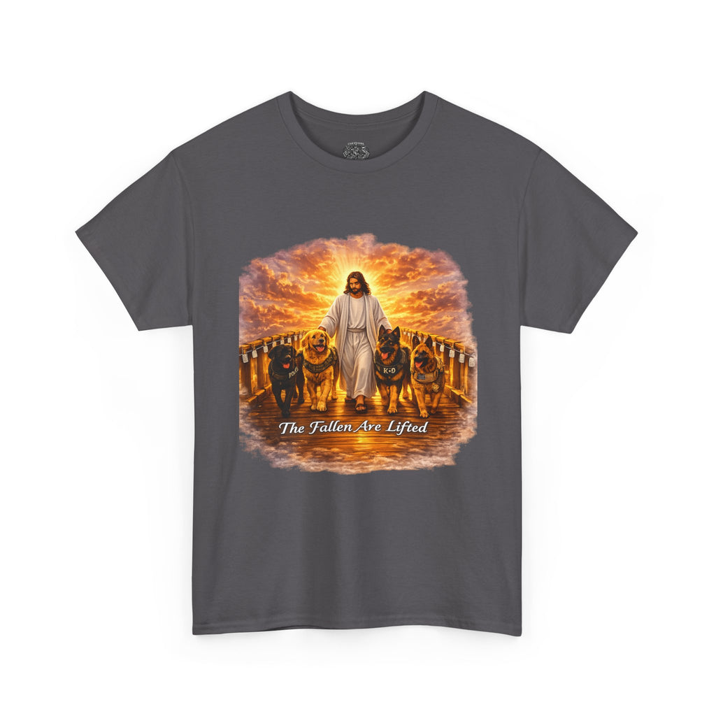 Jesus with Dogs T-Shirt — "The Fallen Are Lifted" Christian Faith Tee