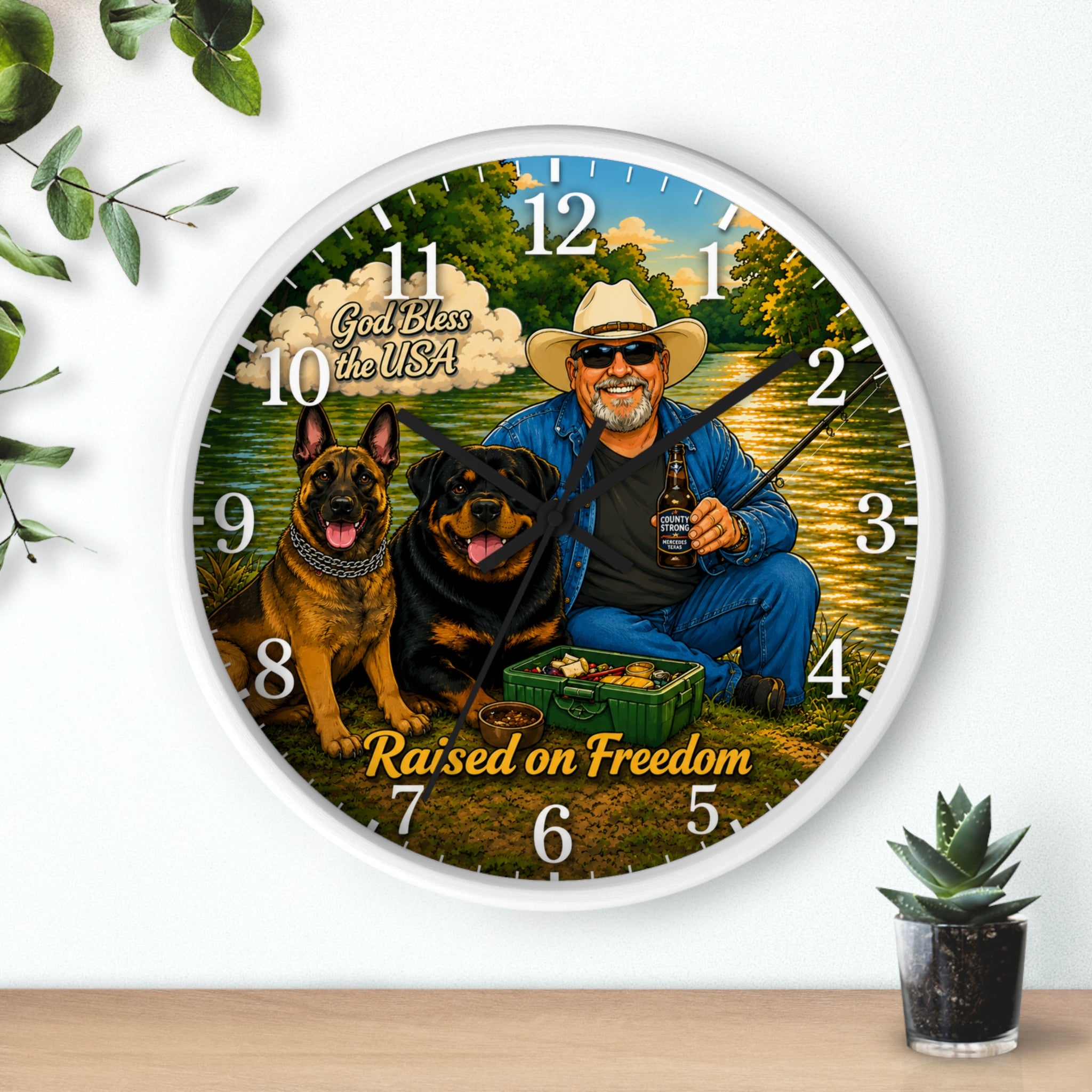 Raised on Freedom Wall Clock — 'God Bless the USA' Patriotic Fishing Clock with Dogs