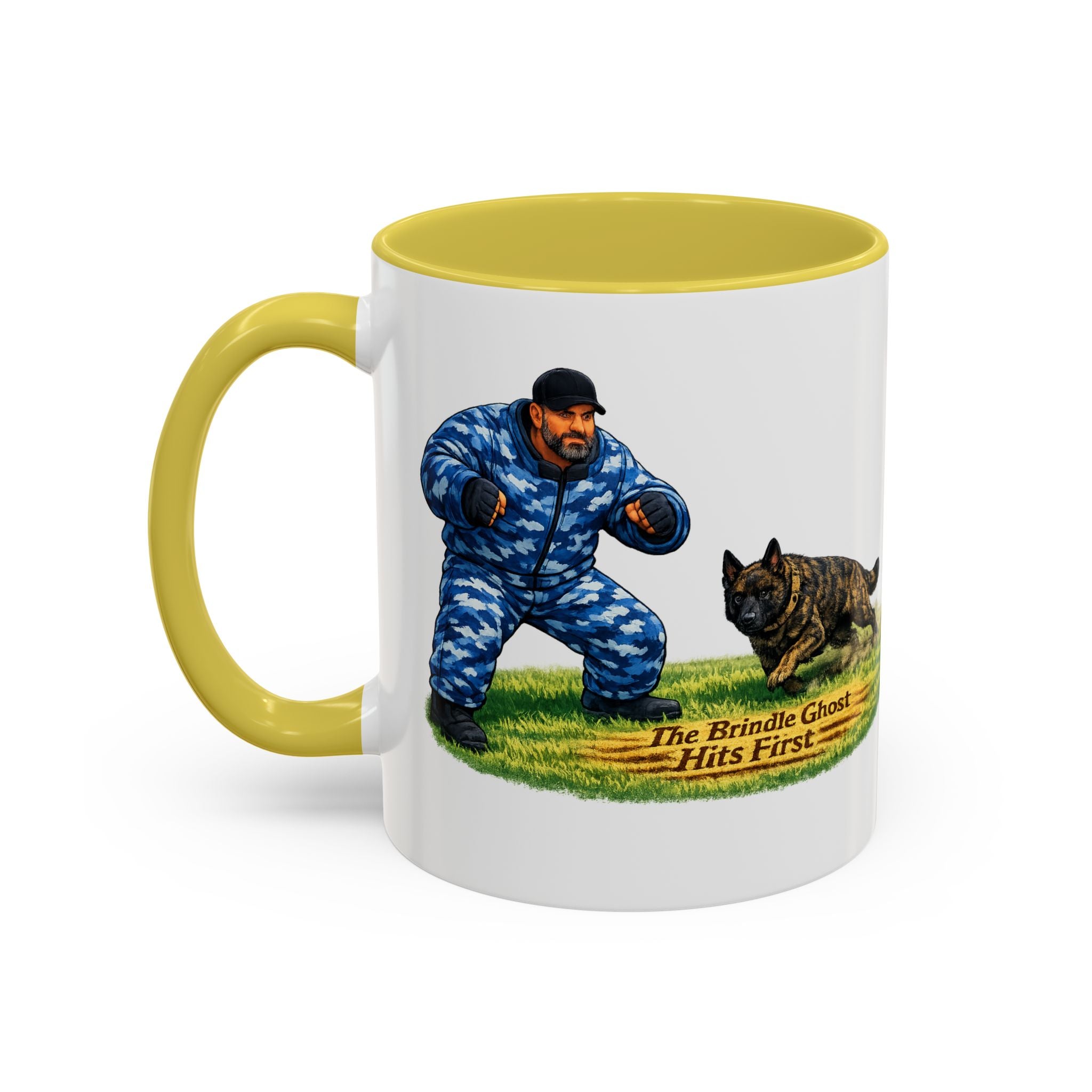 K9 Protection Trainer Mug — “The Brindle Ghost Hits First” Color Accent Coffee Cup (11oz/15oz)