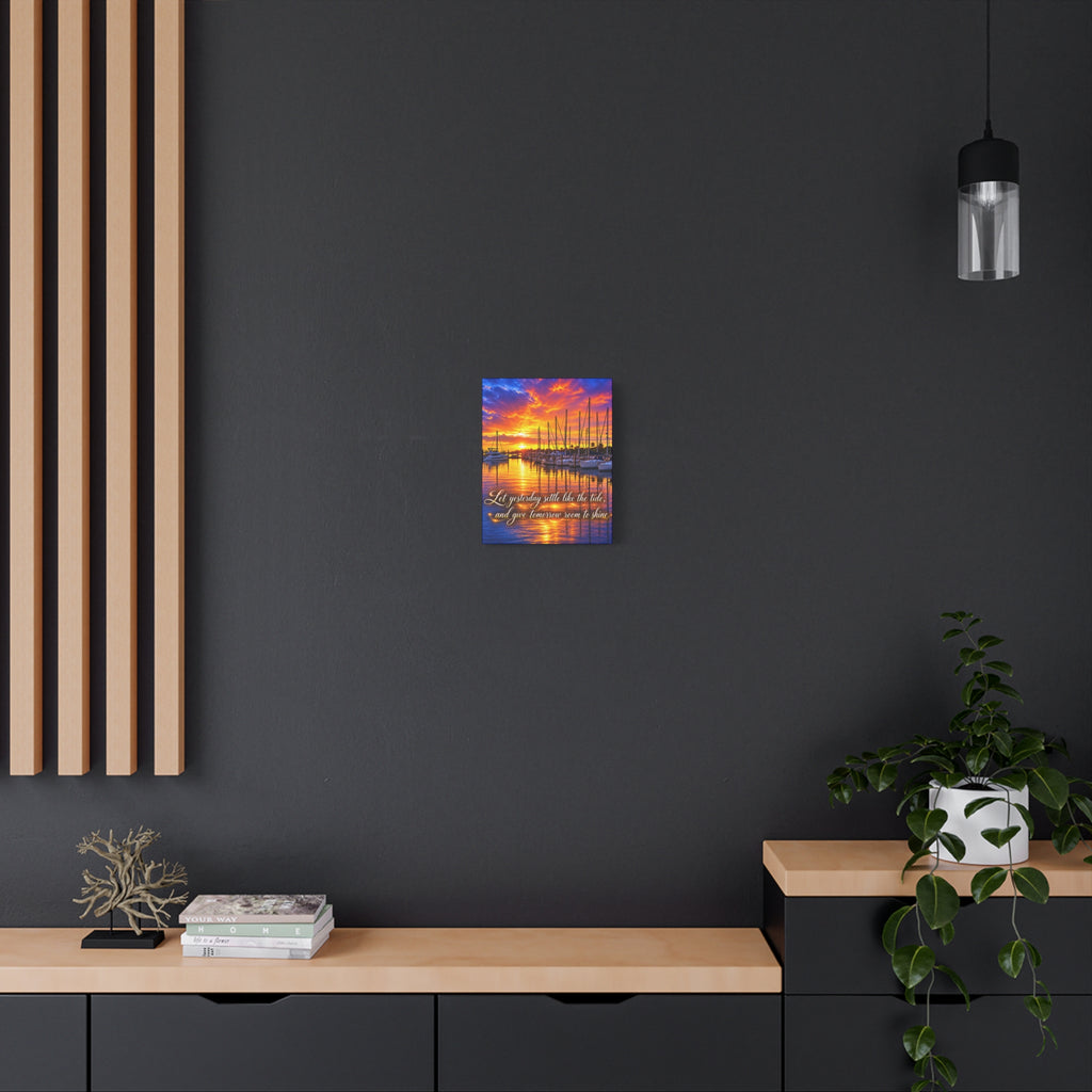 Sunset Marina Canvas Wall Art – “Let Yesterday Settle Like the Tide” Inspirational Coastal Decor
