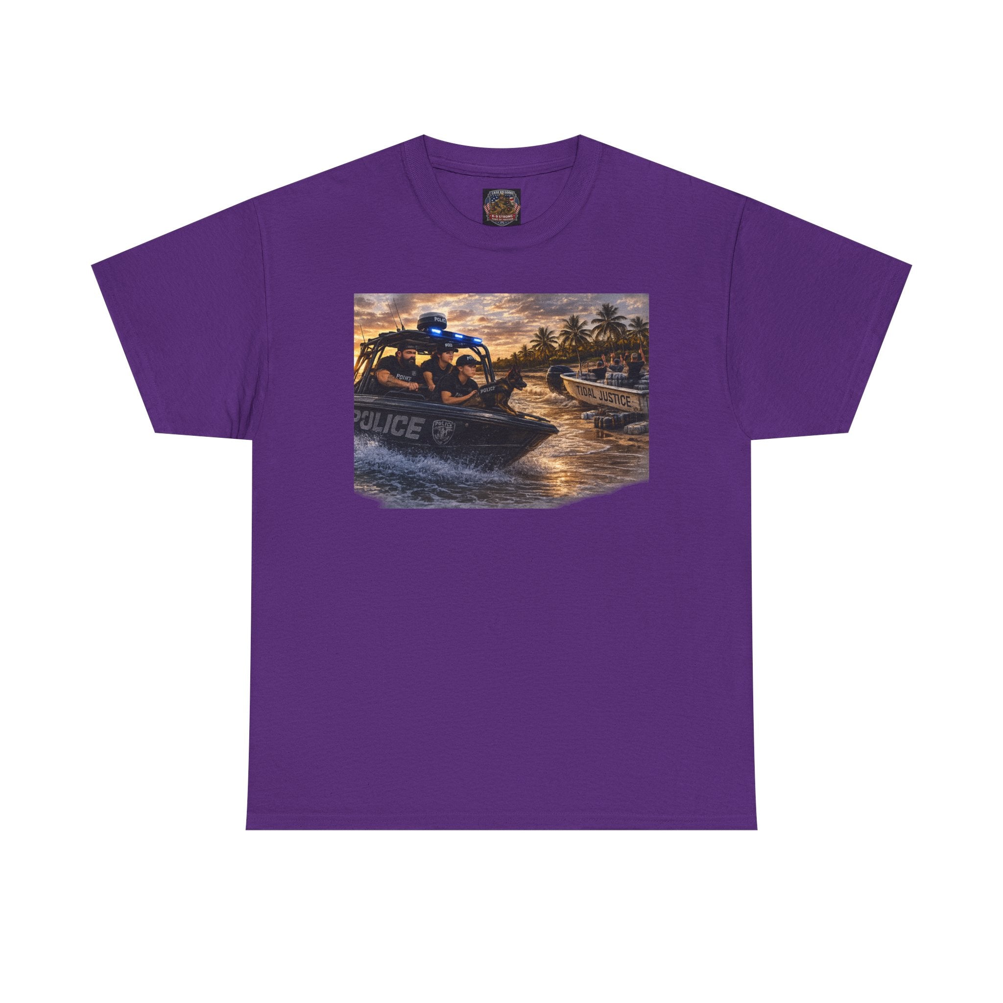 Police K-9 Rescue Boat T‑Shirt — Coastal Patrol Sunset Graphic Tee