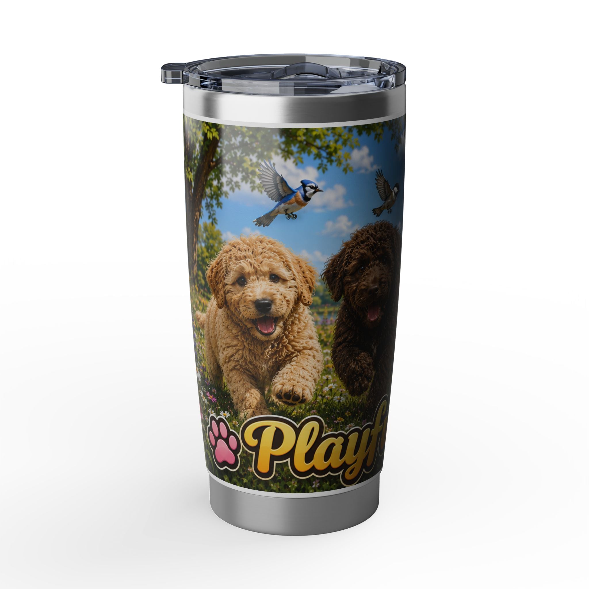 Playful Doodle 20oz Travel Tumbler — Dog Lover Insulated Cup with Scenic Paw Print Design