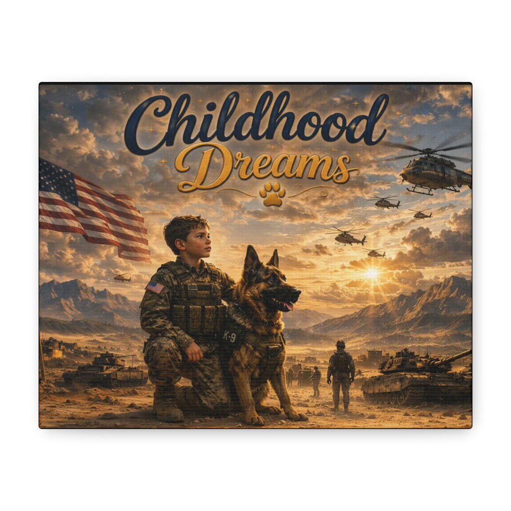 Childhood Dreams Military Canvas Wall Art — Kid Soldier & K9 Patriotic Stretched Matte Canvas