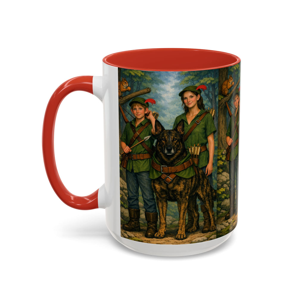 Robin Hood Duo &  Dutch Shepherd Dog Coffee Mug – Fantasy Archer Duo Illustration, Gift for Adventure Fans