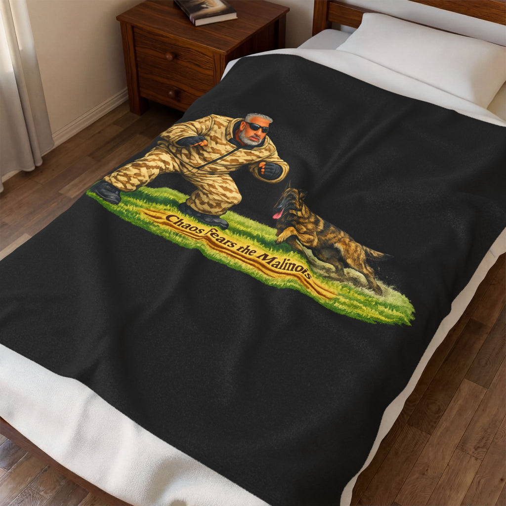 Velveteen Plush Blanket - 'Chaos Fears the Malinois' Dog Training Bite Suit Design