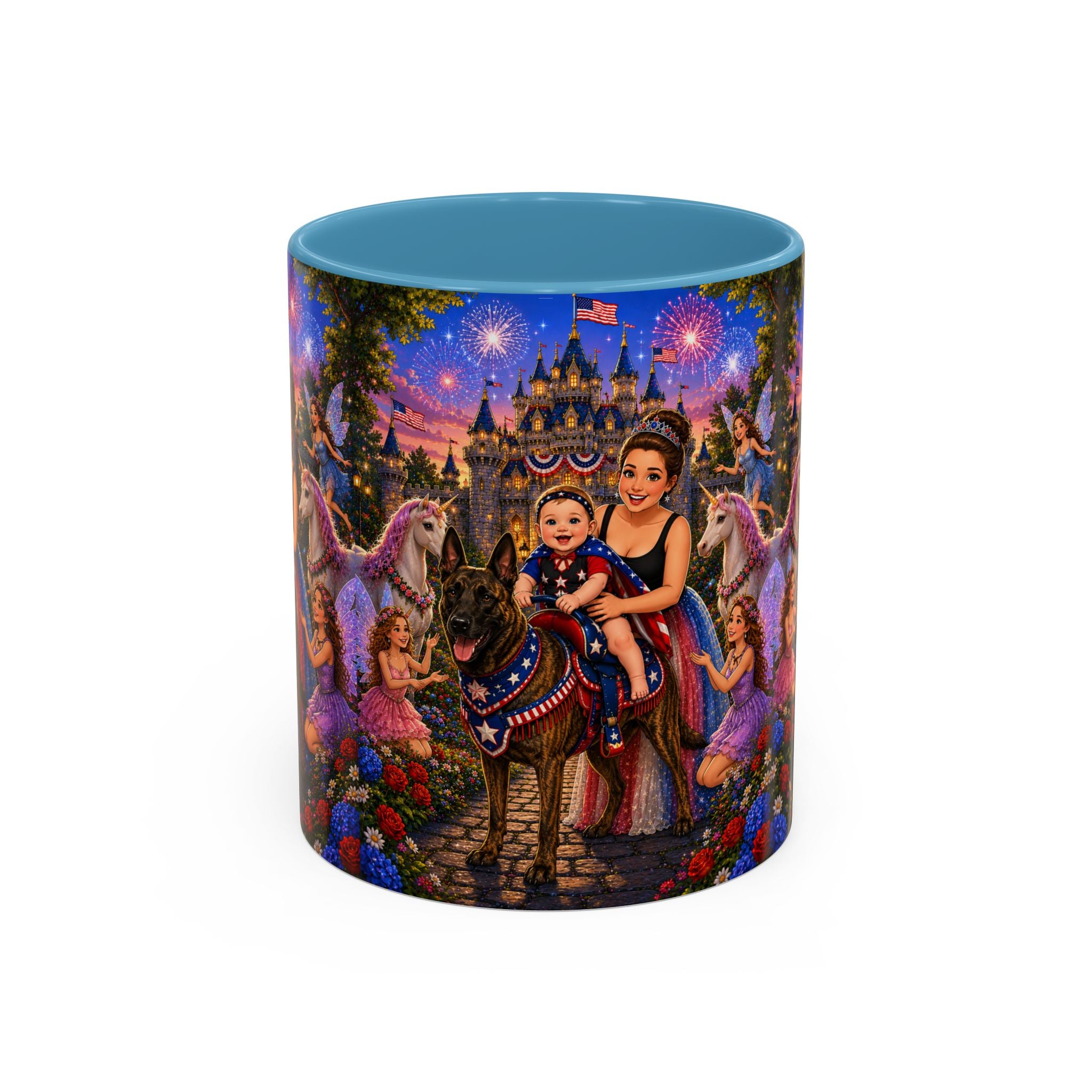 Patriotic Fairy Tale Coffee Mug — Family Castle, Fireworks & Unicorns