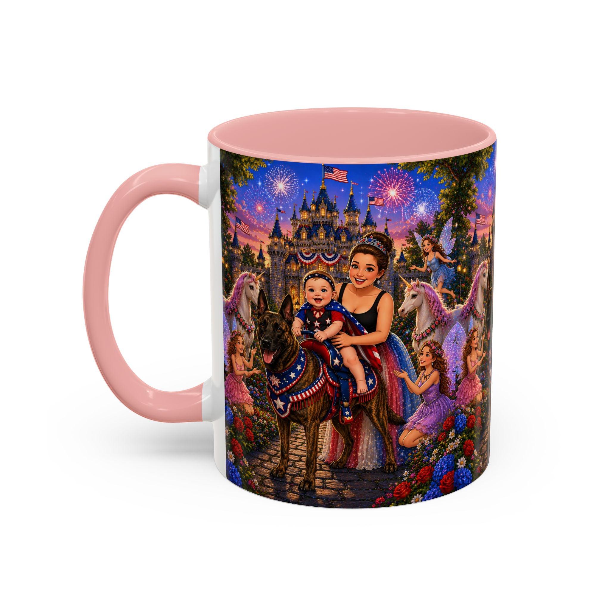 Patriotic Fairy Tale Coffee Mug — Family Castle, Fireworks & Unicorns