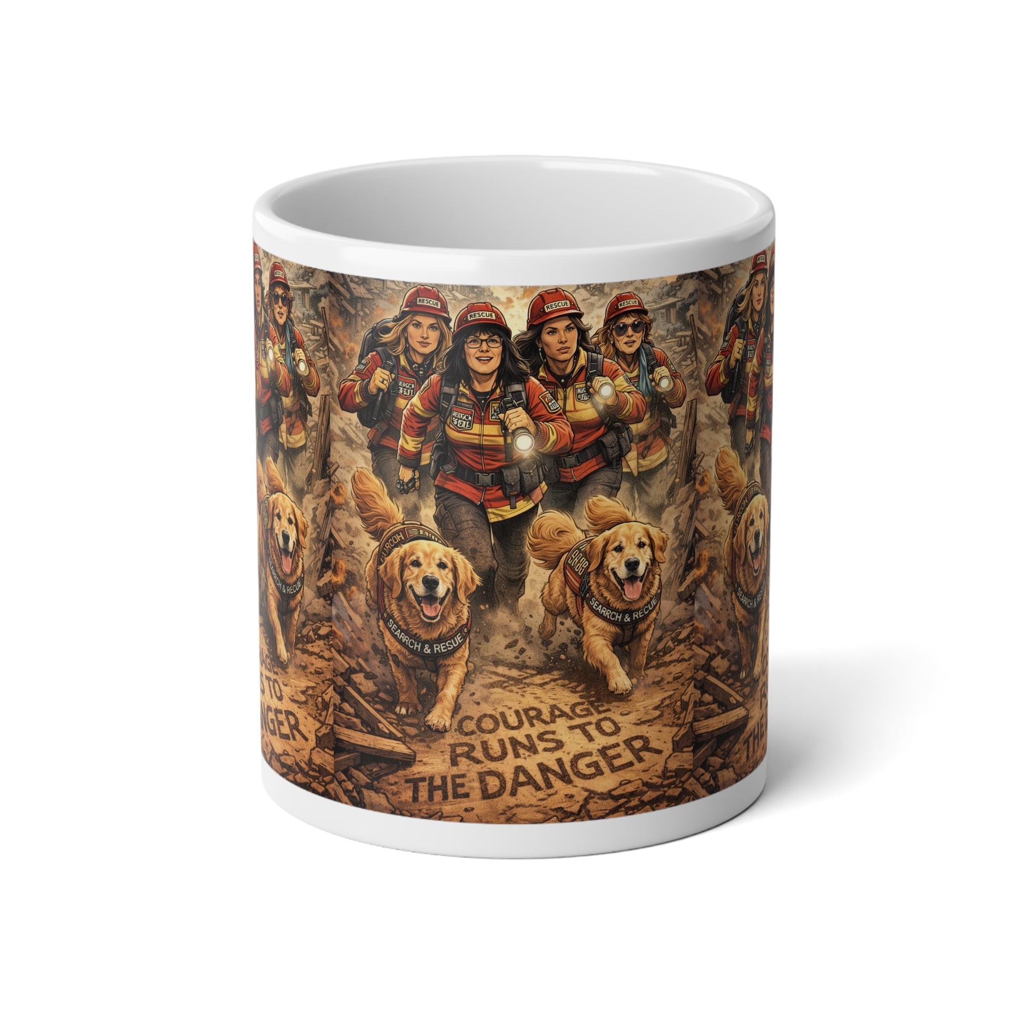 Firefighter Rescue Dogs 20oz Jumbo Mug — "Courage Runs to the Danger" Tribute Coffee Cup