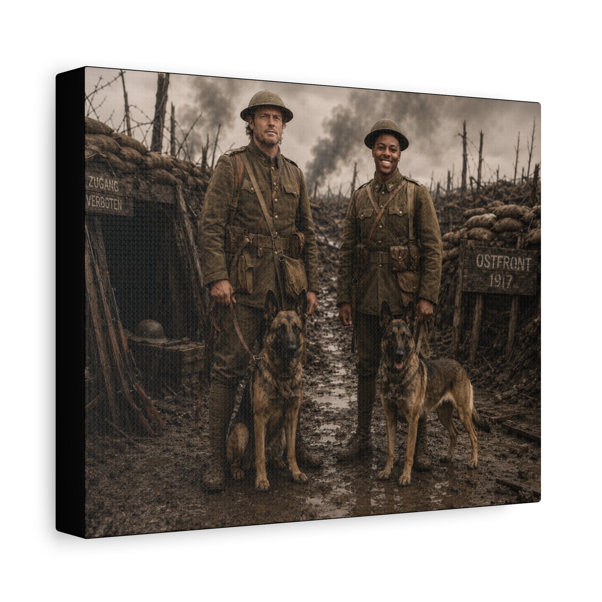 World War I Soldiers with Dogs Matte Canvas Wall Art – 1917 Trench Scene