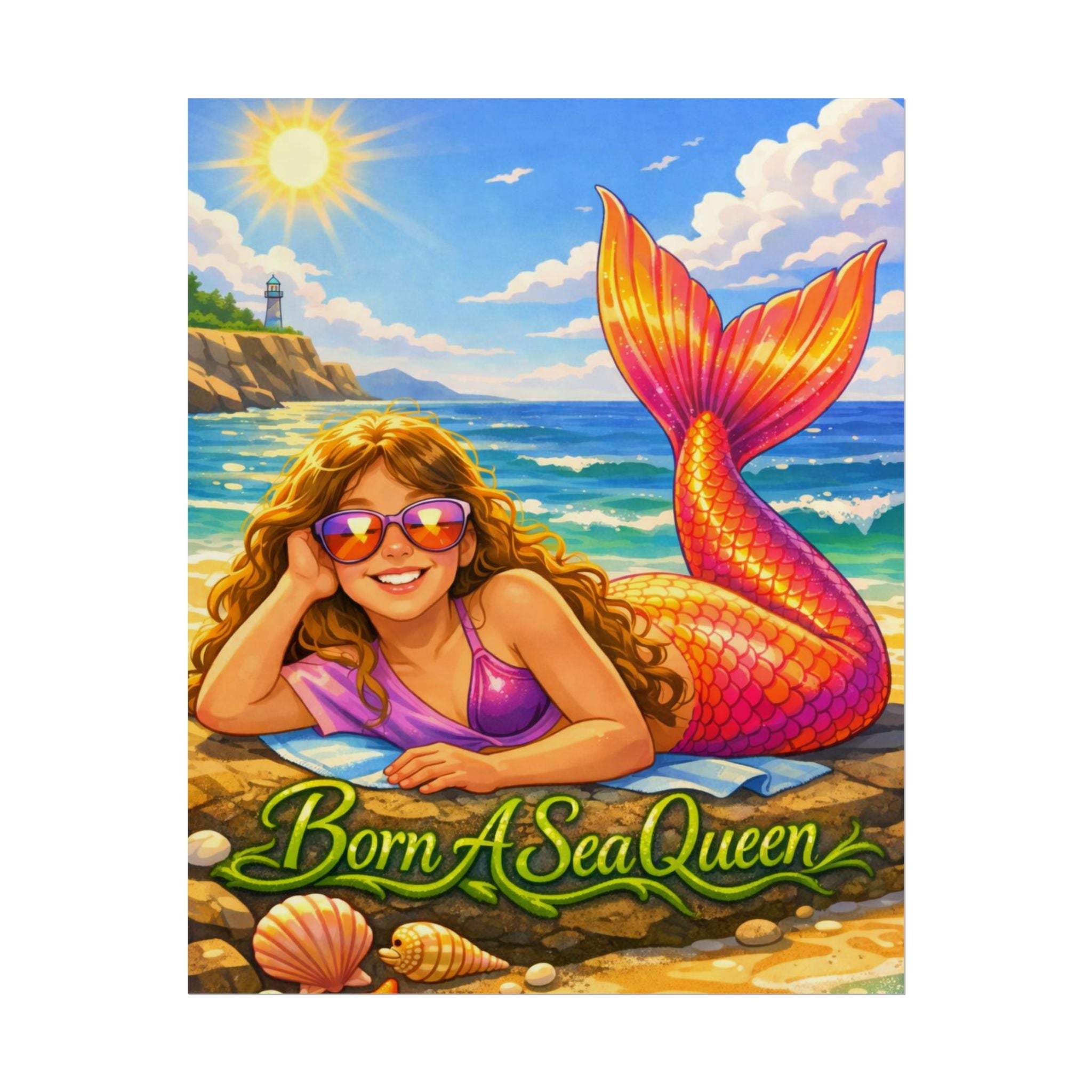 Mermaid Beach Poster "Born A Sea Queen" – Colorful Coastal Wall Art