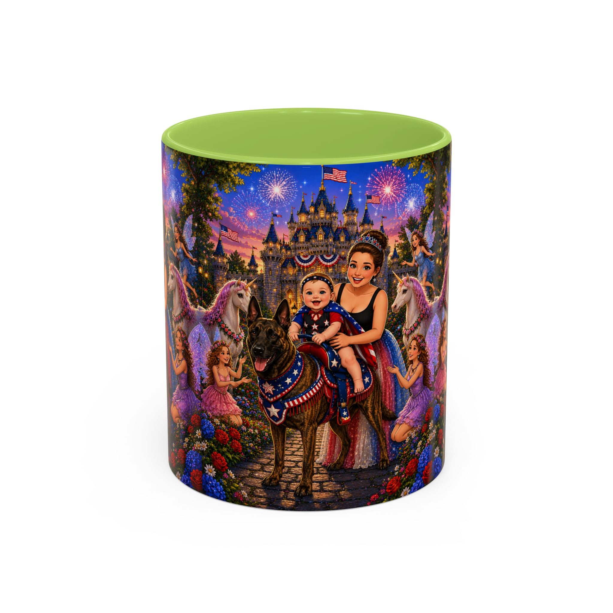 Patriotic Fairy Tale Coffee Mug — Family Castle, Fireworks & Unicorns