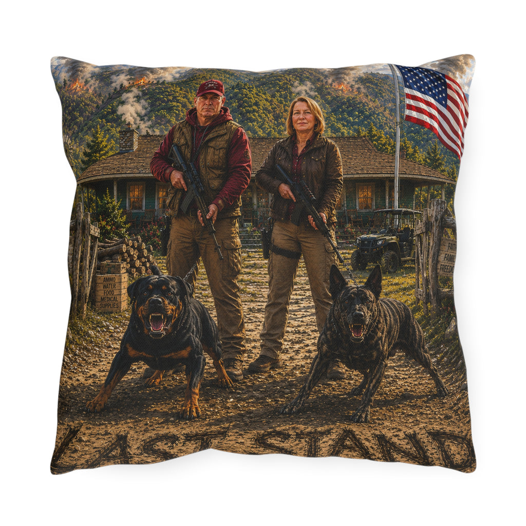 Outdoor Pillow — Patriotic Hunting Couple with Guard Dogs Accent Pillow