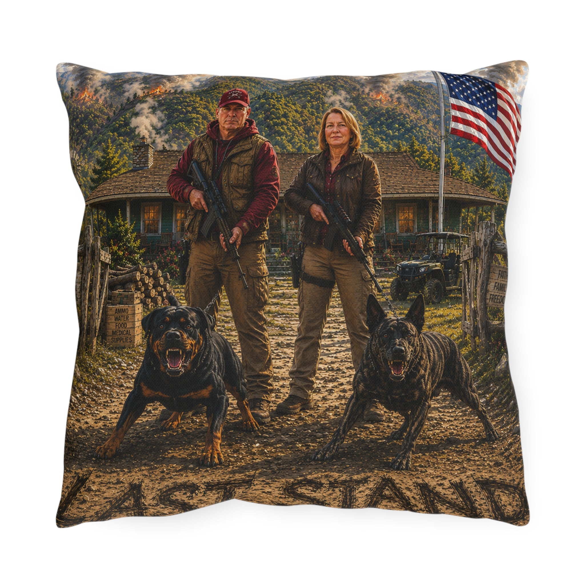 Outdoor Pillow — Patriotic Hunting Couple with Guard Dogs Accent Pillow